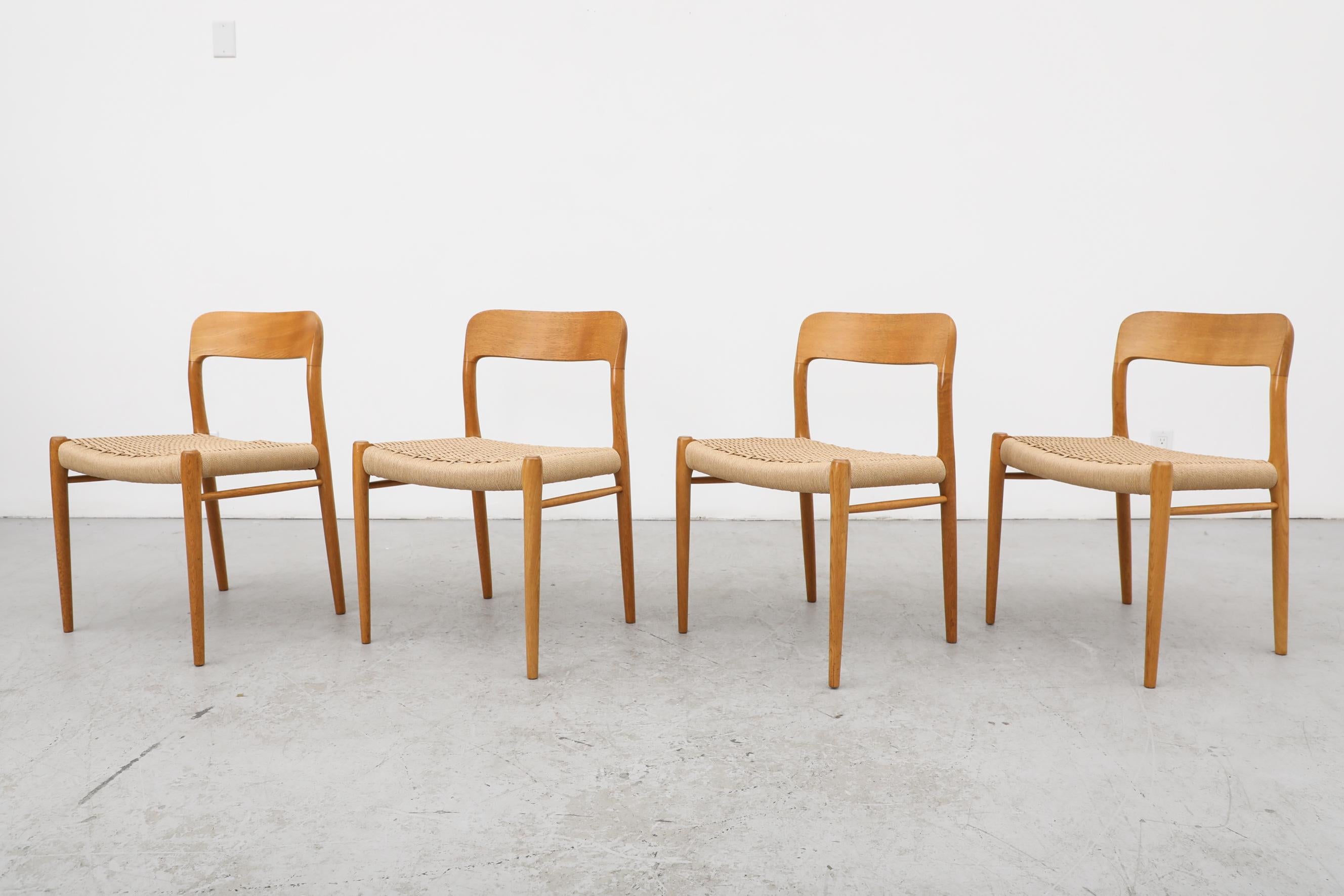 Mid-Century Modern Set of 4 Model 75 Oak and Papercord Chairs by Niels Moller