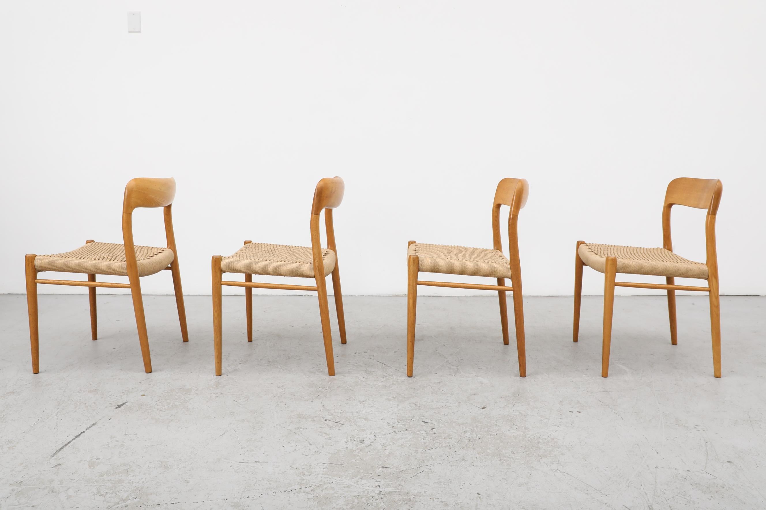 Danish Set of 4 Model 75 Oak and Papercord Chairs by Niels Moller