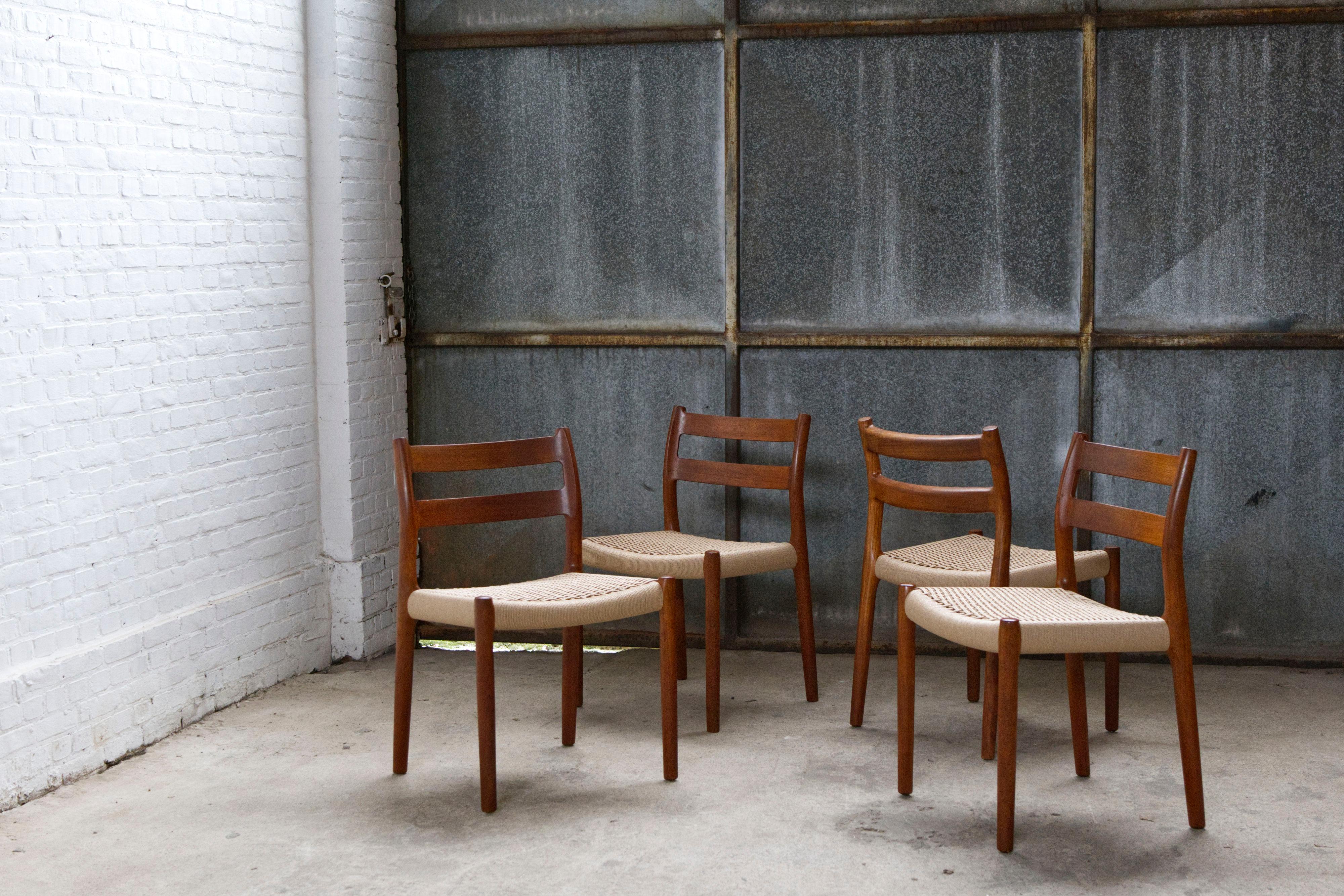 Scandinavian Modern Set of 4 'Model 84' Teak & Papercord Dining Chairs by Niels Otto Møller. For Sale