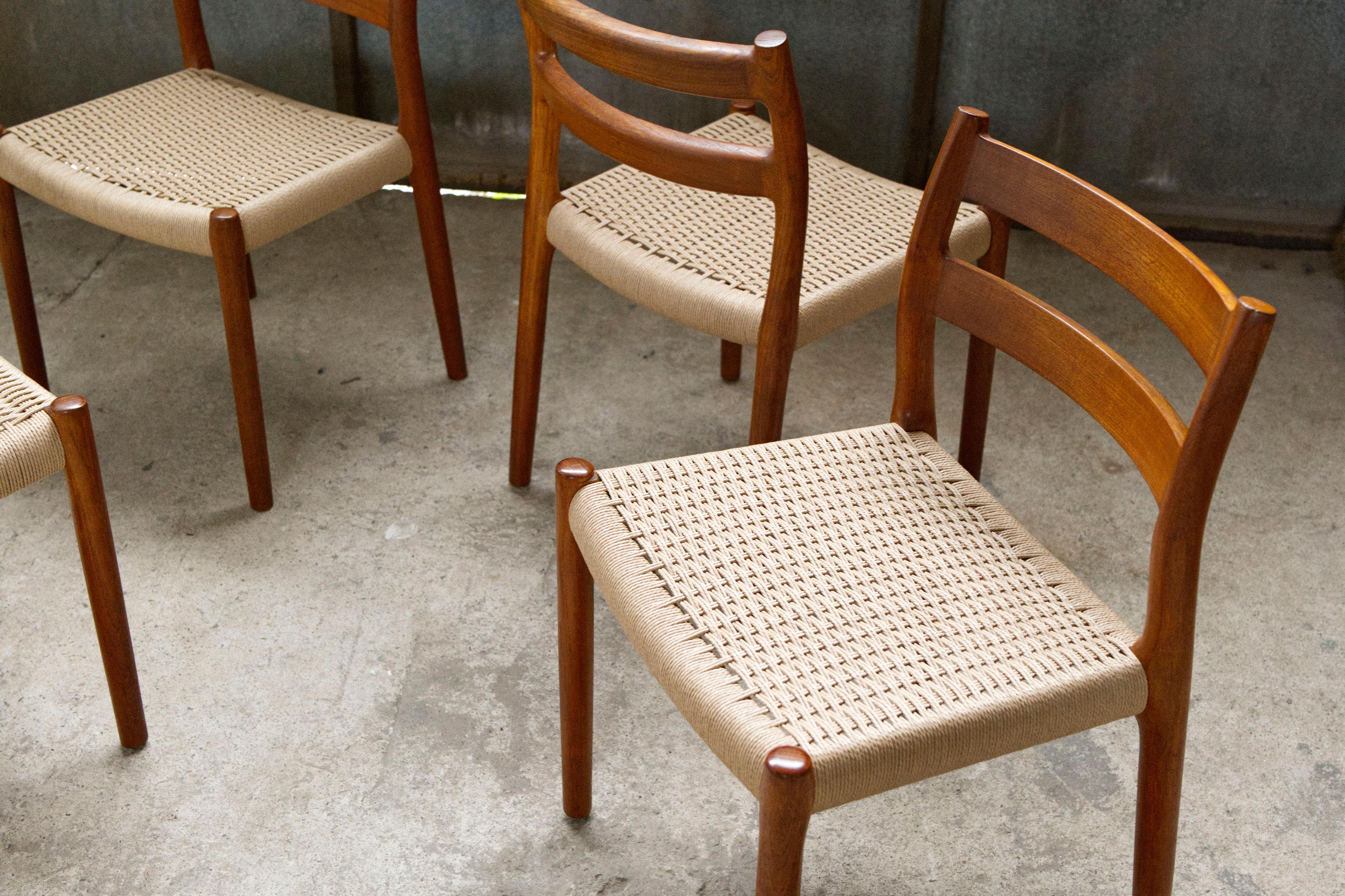 Danish Set of 4 'Model 84' Teak & Papercord Dining Chairs by Niels Otto Møller. For Sale
