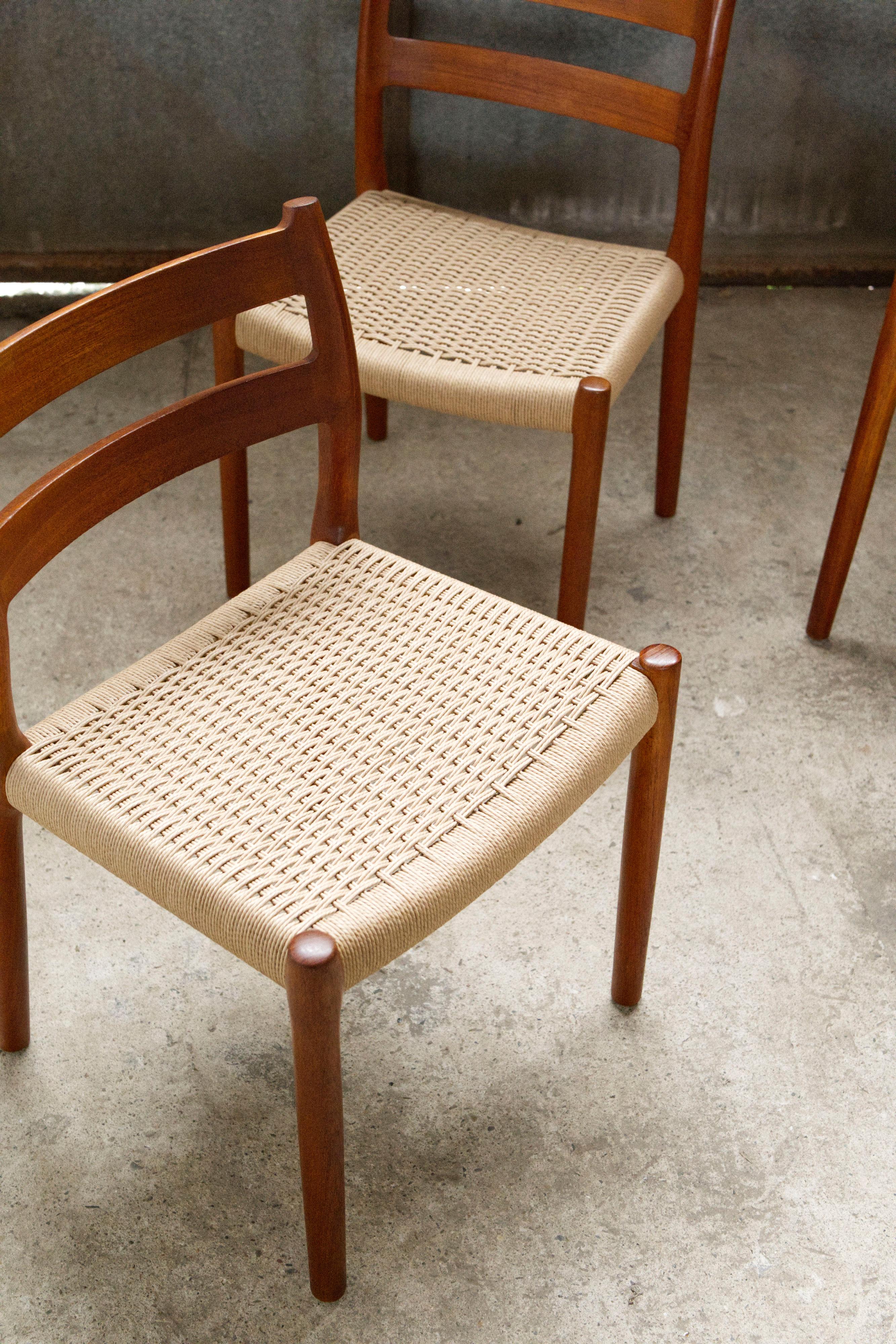 Hand-Woven Set of 4 'Model 84' Teak & Papercord Dining Chairs by Niels Otto Møller. For Sale