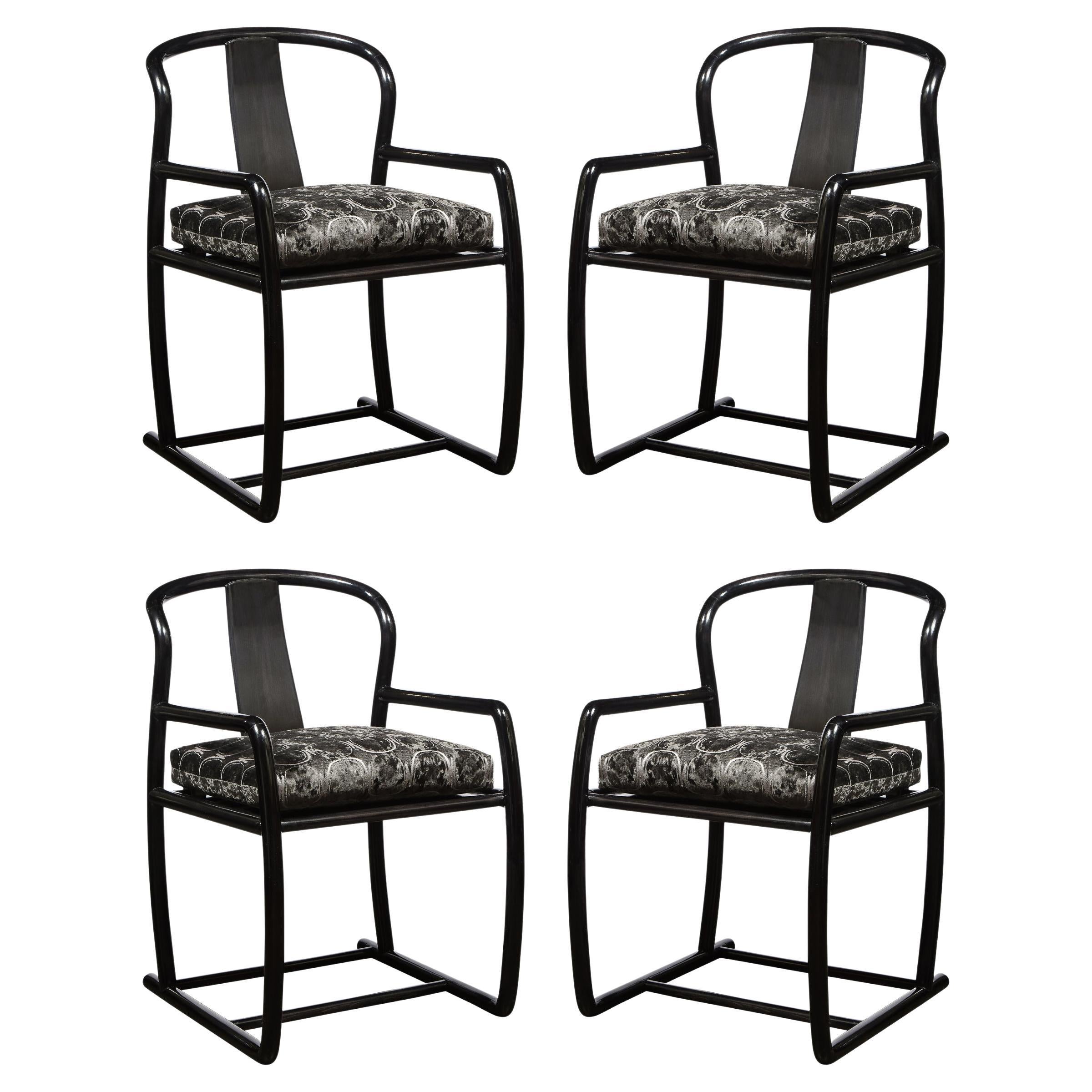 Set of 4 Modern Armchairs in Smoked Emerald Velvet & Ebonized Walnut by Donghia
