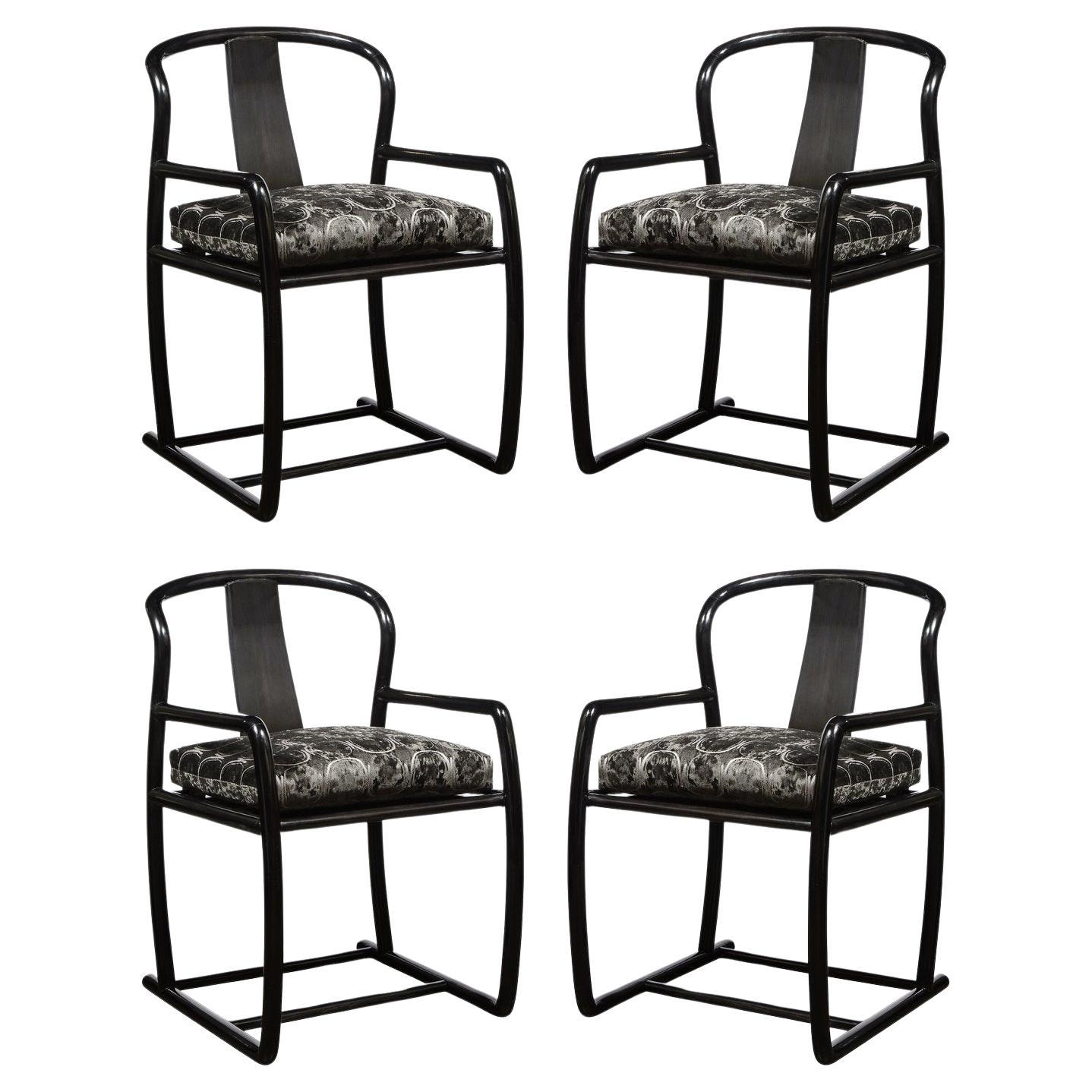 Set of 4 Modern Armchairs in Smoked Emerald Velvet & Ebonized Walnut by Donghia