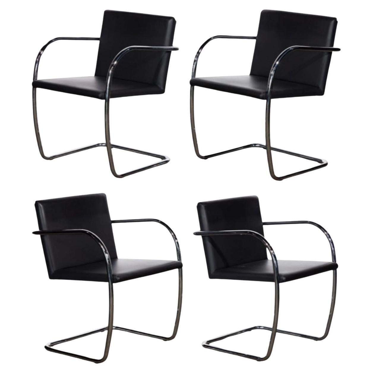 Set of 4 modern black leather Brno chrome tube chairs For Sale