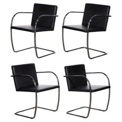 Set of 4 modern black leather Brno chrome tube chairs