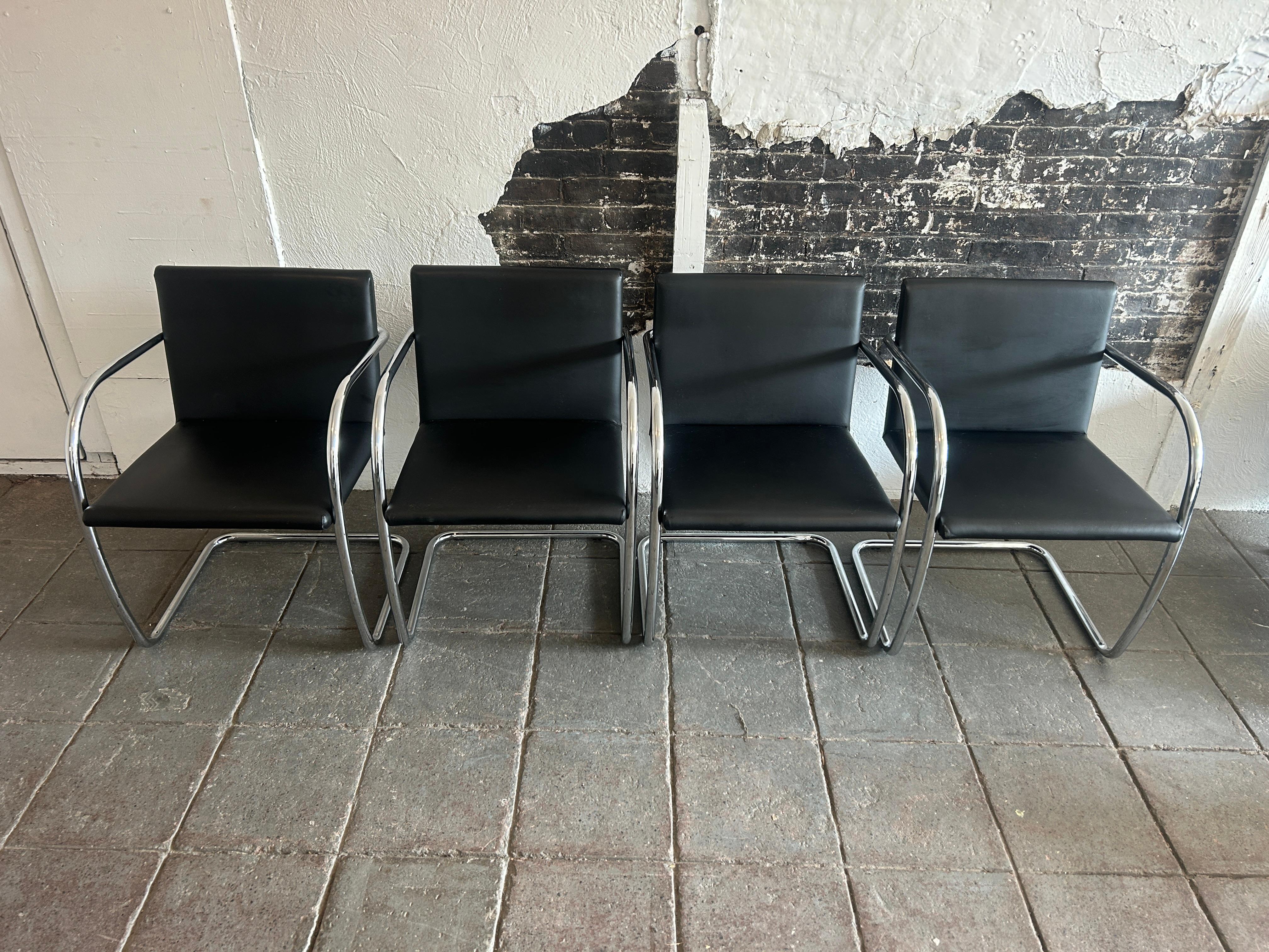 Italian Set of 4 modern black leather Brno chrome tube chairs For Sale