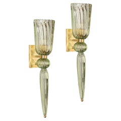 Set of 4 Modern Celadon Handblown Murano Glass & Brass Sconces w/ Elongated Drop