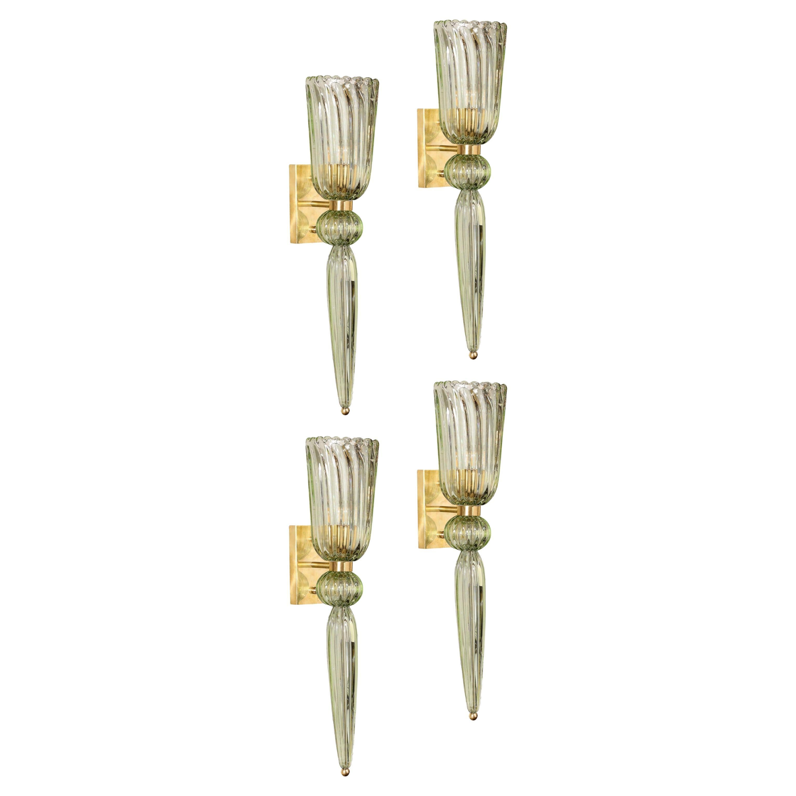 Set of 4 Modern Celadon Handblown Murano Glass 
Brass Sconces w/ Elongated Drop For Sale