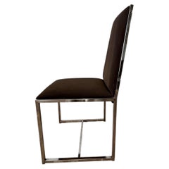Set of 4 Modern Chrome Dining Chairs in Brown Ultrasuede, Milo Baughman Style