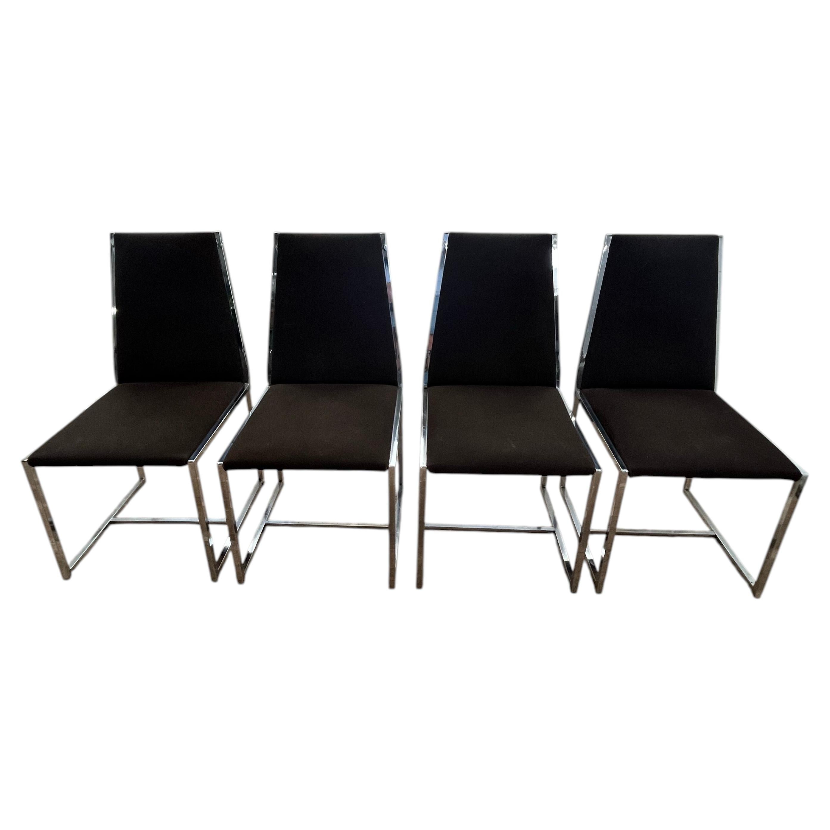 Set of 4 Modern Chrome Dining Chairs in Brown Ultrasuede, Milo Baughman Style