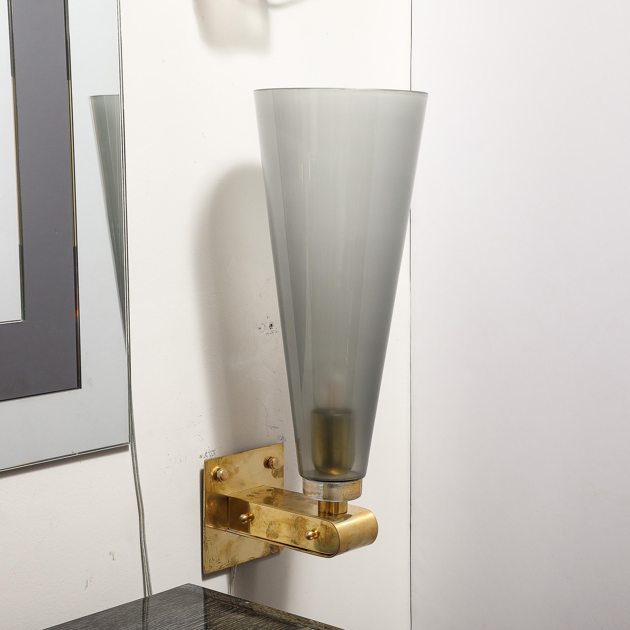 Set of 4 Modern Conical Smoked Graphite Handblown Murano Glass & Brass Sconces For Sale 6