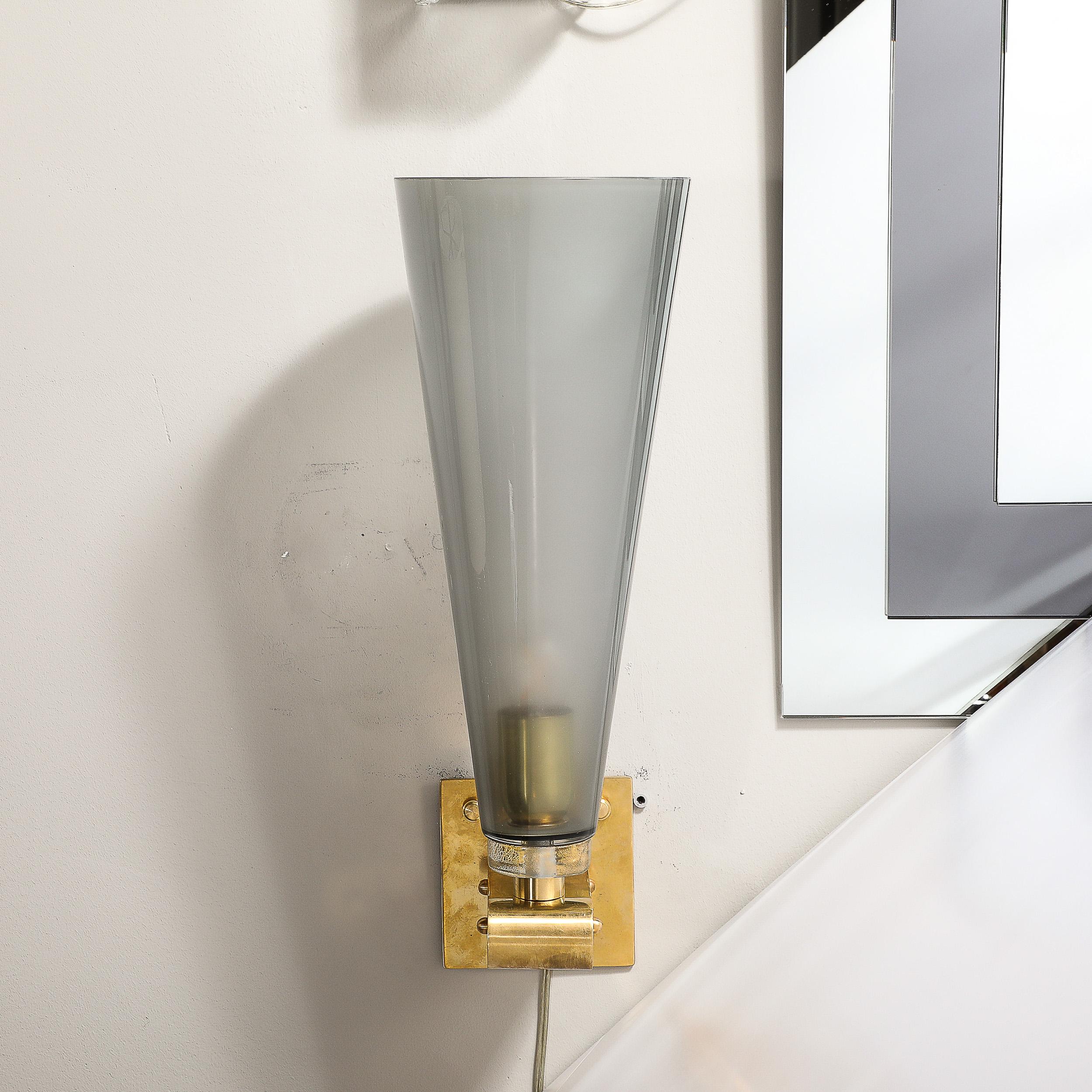 Set of 4 Modern Conical Smoked Graphite Handblown Murano Glass & Brass Sconces For Sale 7