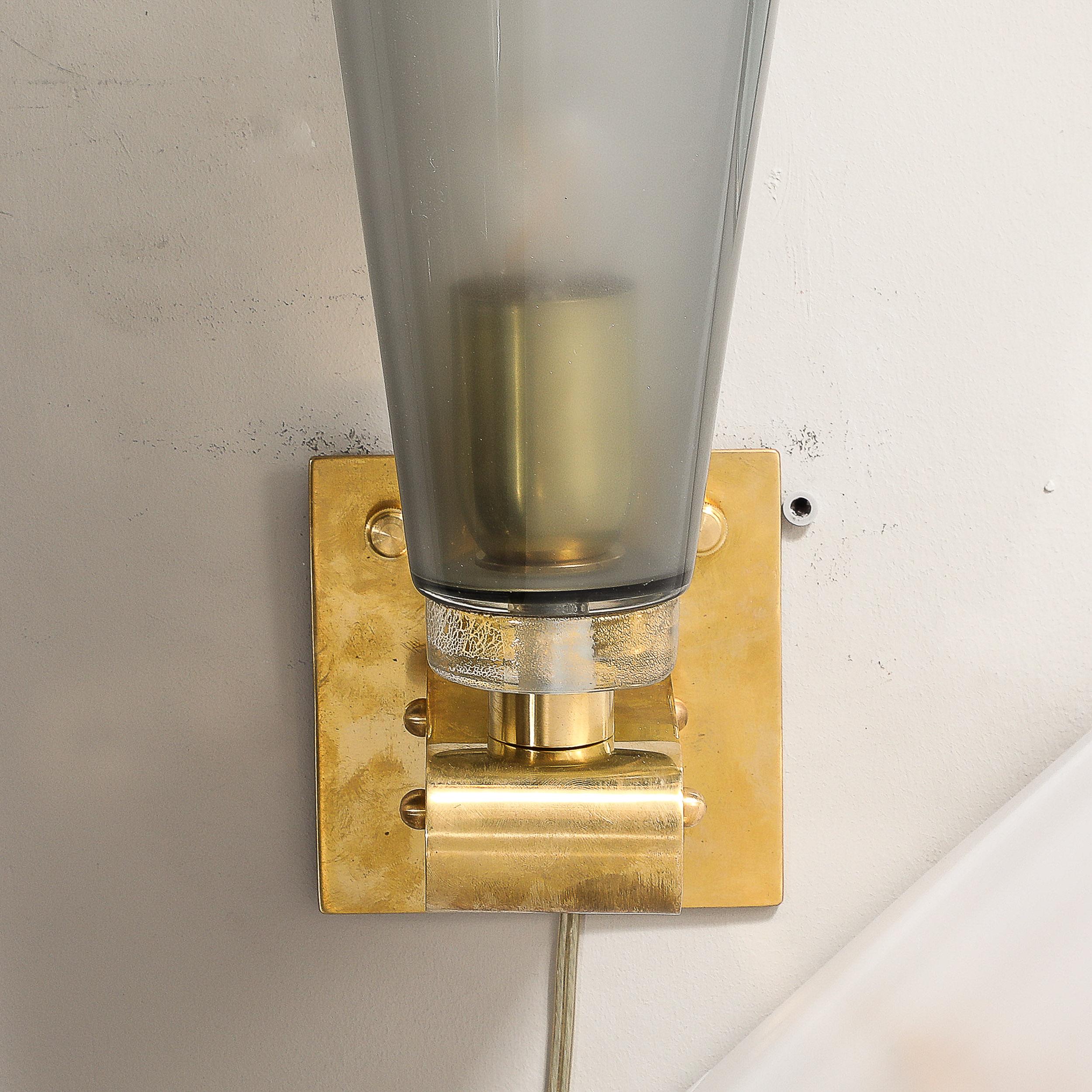 Set of 4 Modern Conical Smoked Graphite Handblown Murano Glass & Brass Sconces For Sale 8