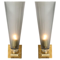 Set of 4 Modern Conical Smoked Graphite Handblown Murano Glass & Brass Sconces