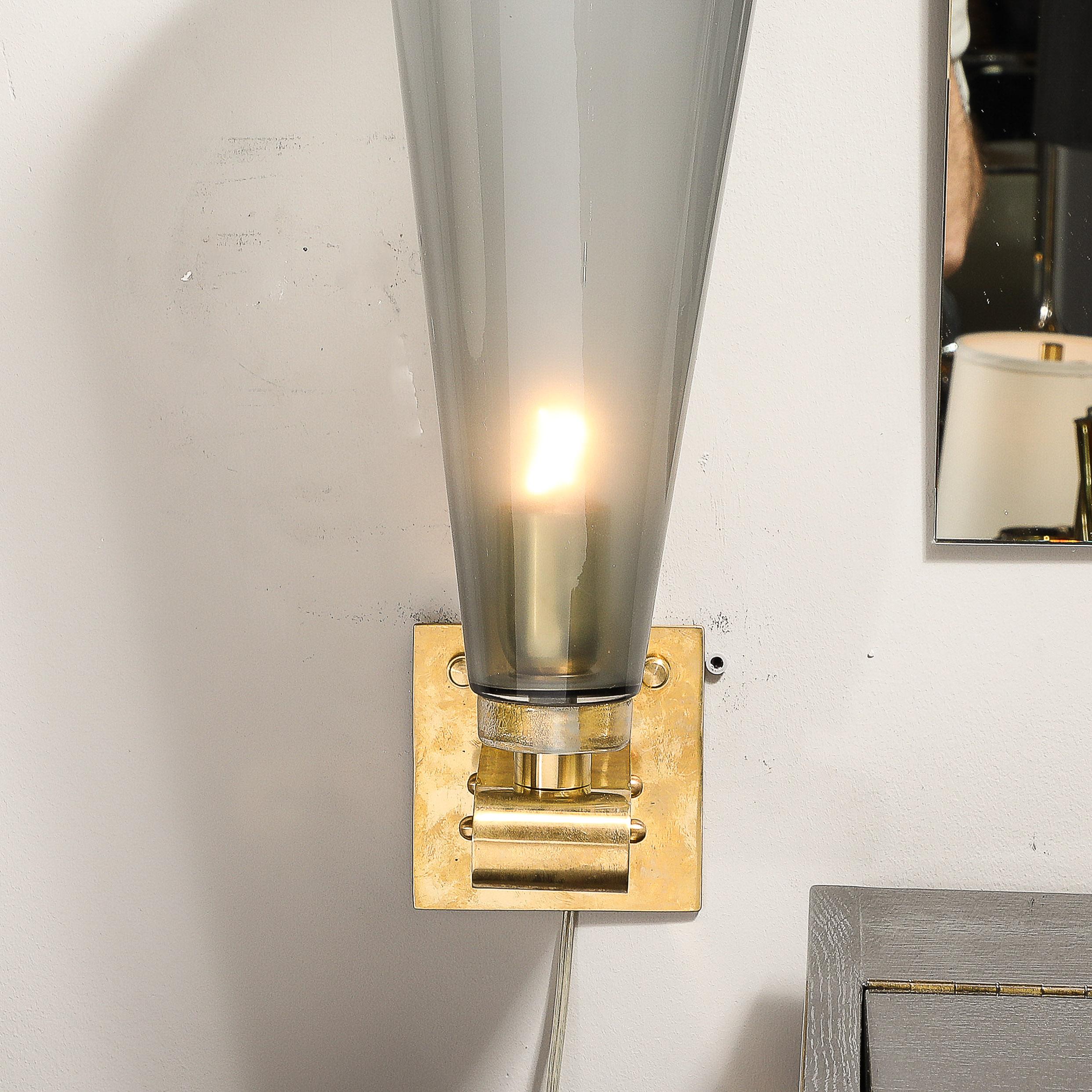 Set of 4 Modern Conical Smoked Graphite Handblown Murano Glass & Brass Sconces For Sale 2