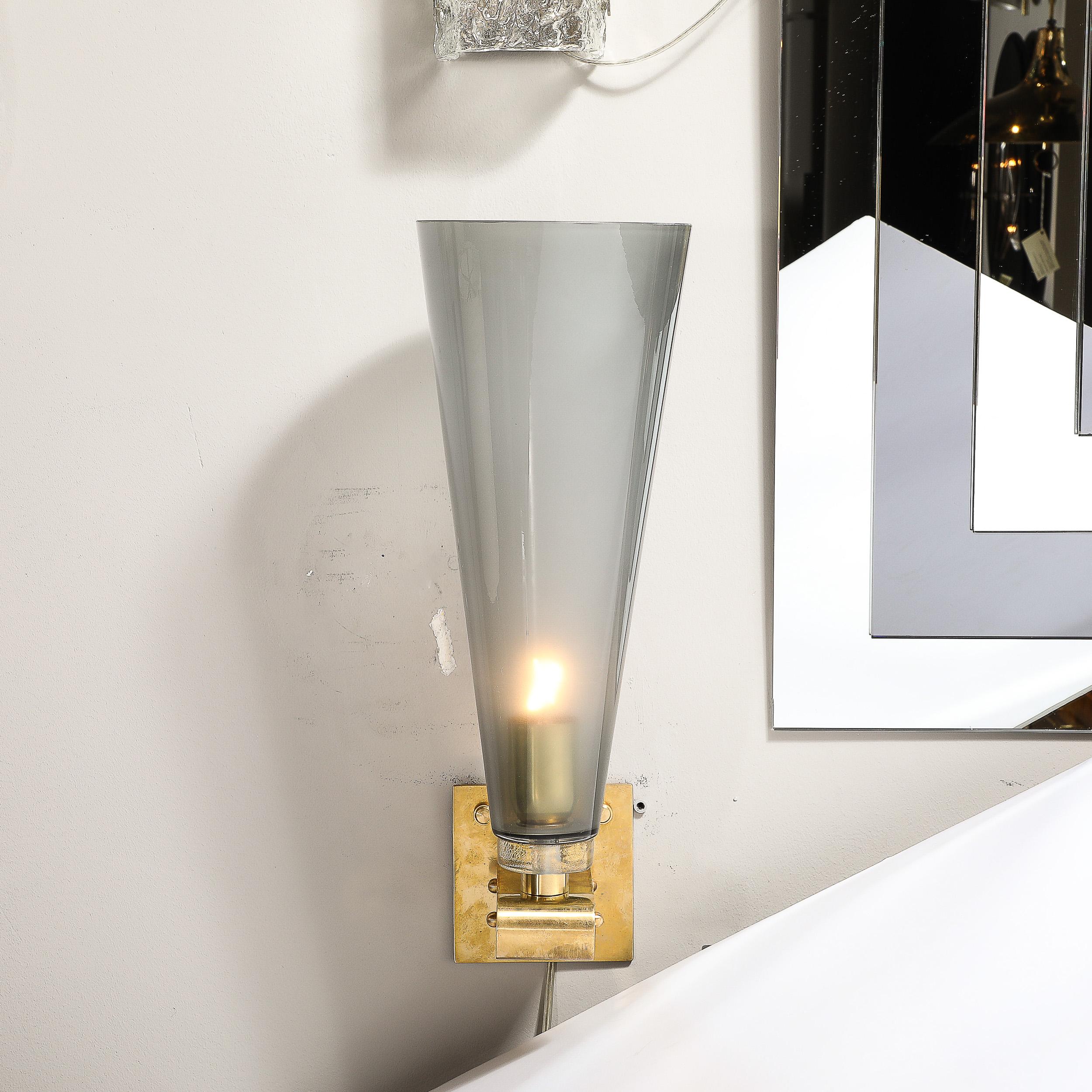 Set of 4 Modern Conical Smoked Graphite Handblown Murano Glass & Brass Sconces For Sale 3