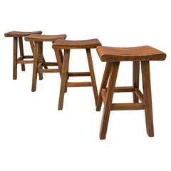 Set of 4 Modern Craft Solid Wood Saddle Seat Stools, Handcrafted Joinery