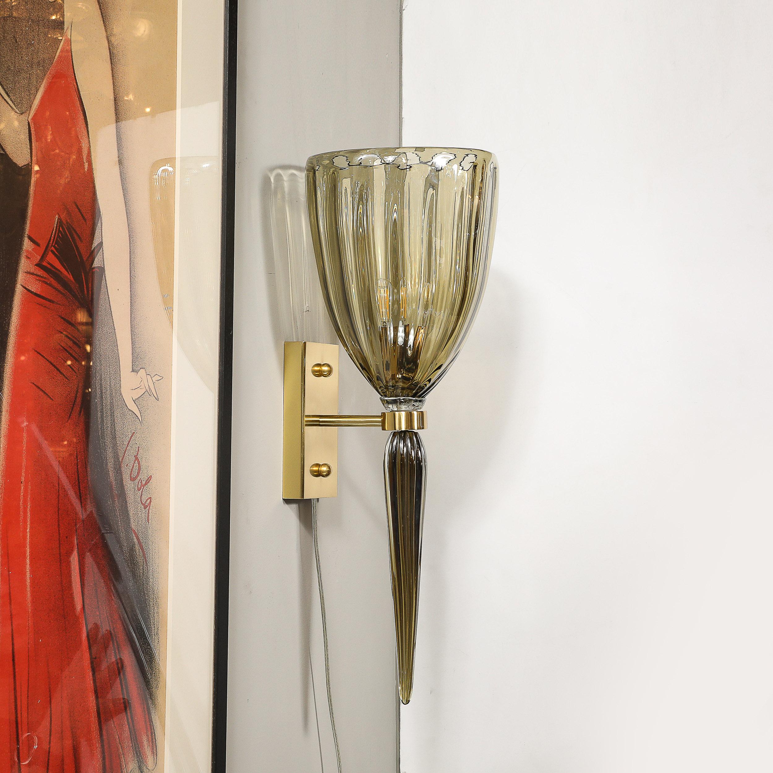 Set of 4 Modern Hand-Blown Murano Iridescent Smoked Emerald Glass Fluted Sconces For Sale 8