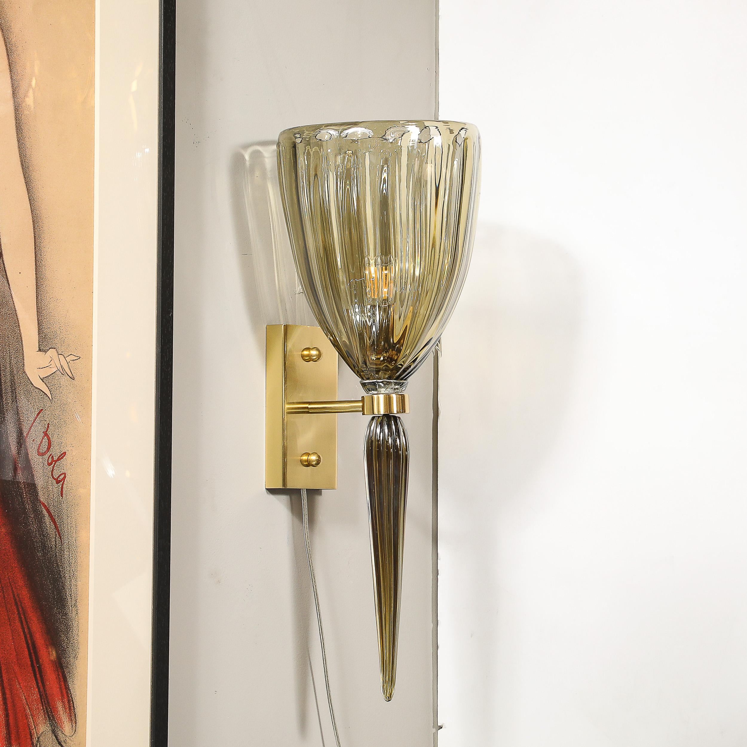 Set of 4 Modern Hand-Blown Murano Iridescent Smoked Emerald Glass Fluted Sconces For Sale 10