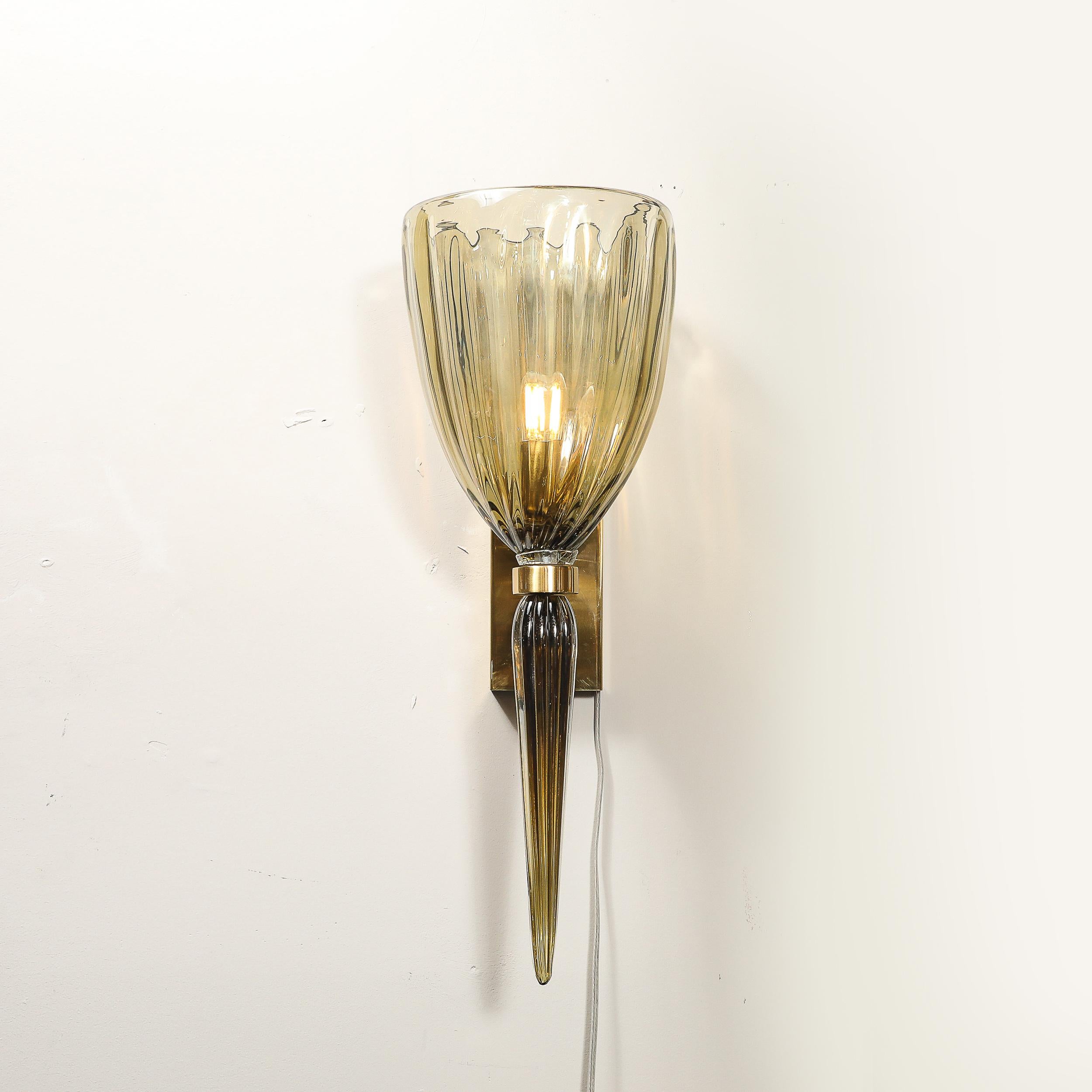 Brass Set of 4 Modern Hand-Blown Murano Iridescent Smoked Emerald Glass Fluted Sconces For Sale