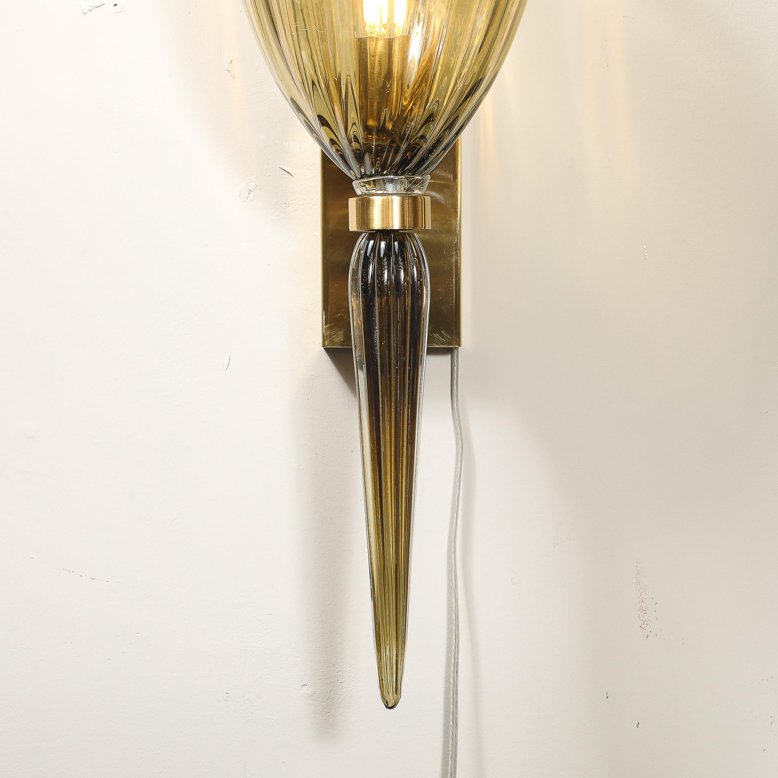 Set of 4 Modern Hand-Blown Murano Iridescent Smoked Emerald Glass Fluted Sconces For Sale 2