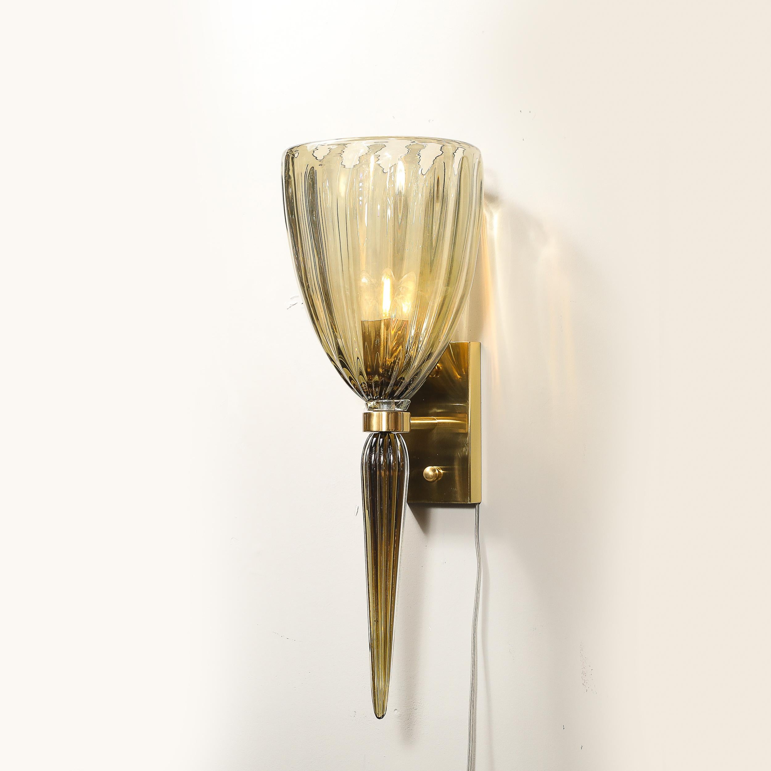 Set of 4 Modern Hand-Blown Murano Iridescent Smoked Emerald Glass Fluted Sconces For Sale 3
