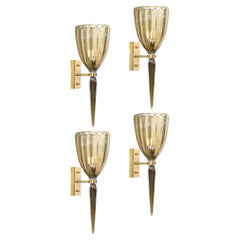 Set of 4 Modern Hand-Blown Murano Iridescent Smoked Emerald Glass Fluted Sconces