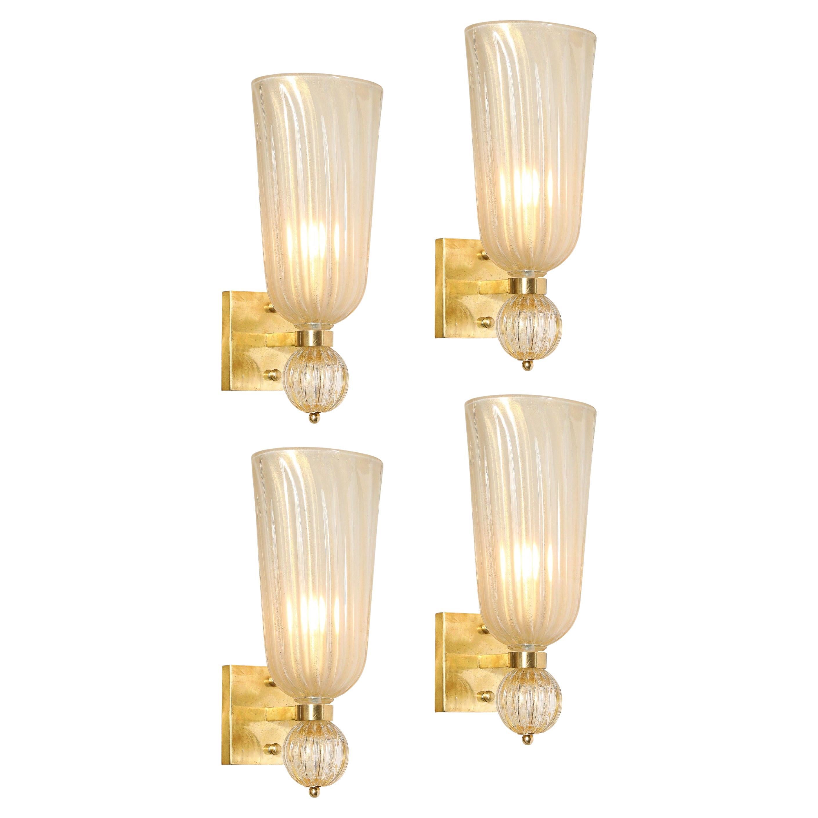 Set of 4 Modern Handblown Fluted Murano Glass
Brass Sconces W/ 24K Gold Flecks