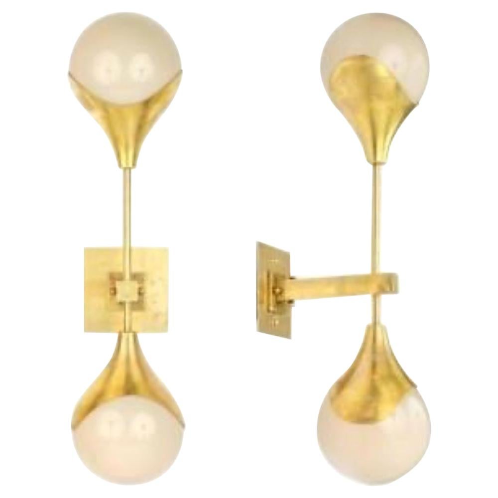 Set of 4 Modern Murano Gilt Brass and White Glass Ball Form Sconces