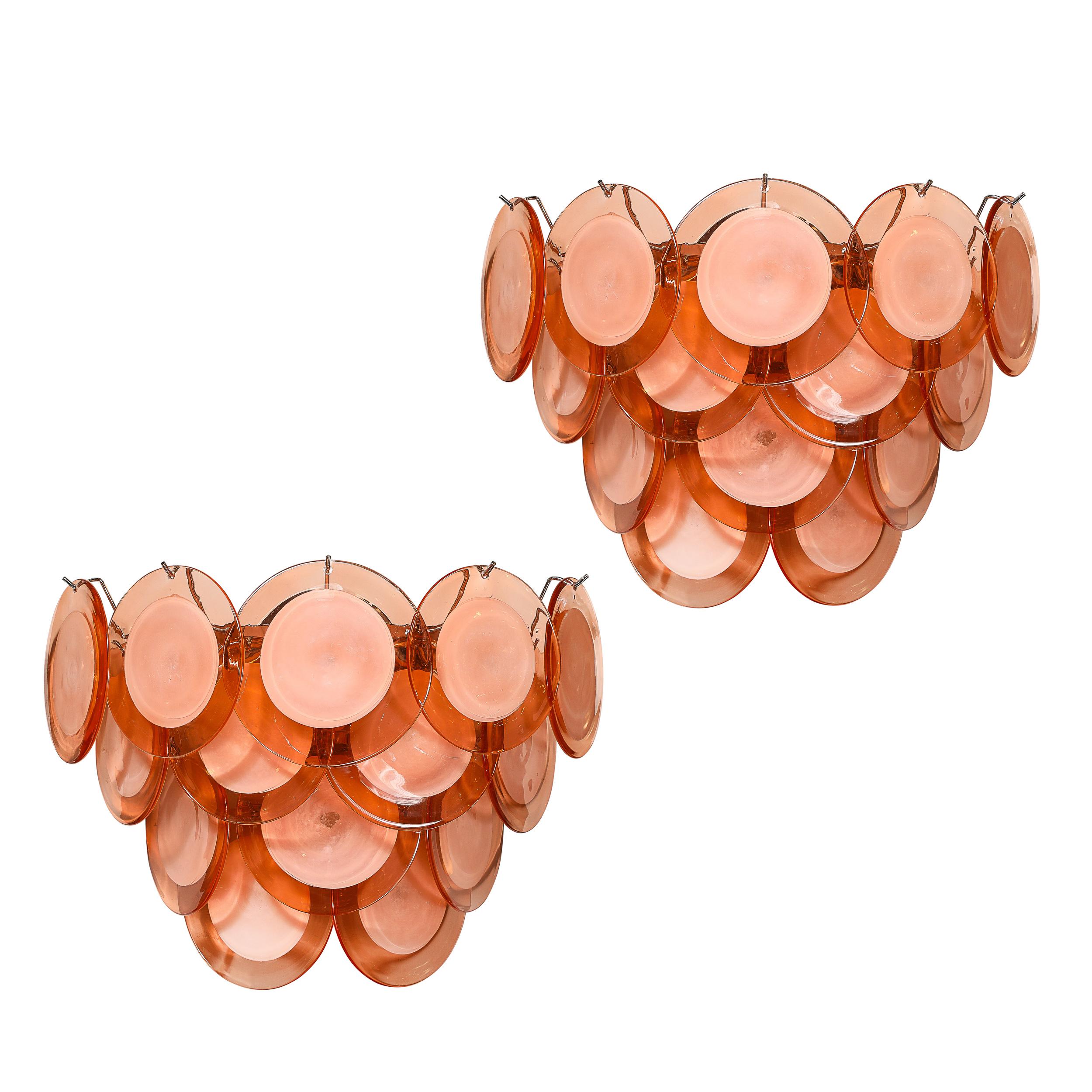 italien Ensemble de 4 appliques modernistes à 14 disques en verre abricot fumé de Murano soufflé à la main en vente