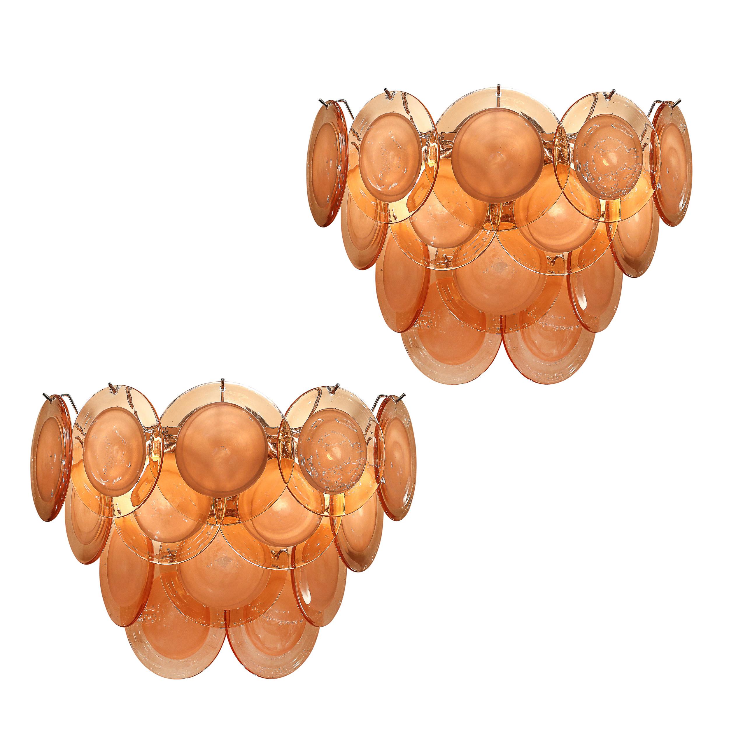 XXIe siècle et contemporain Ensemble de 4 appliques modernistes à 14 disques en verre abricot fumé de Murano soufflé à la main en vente