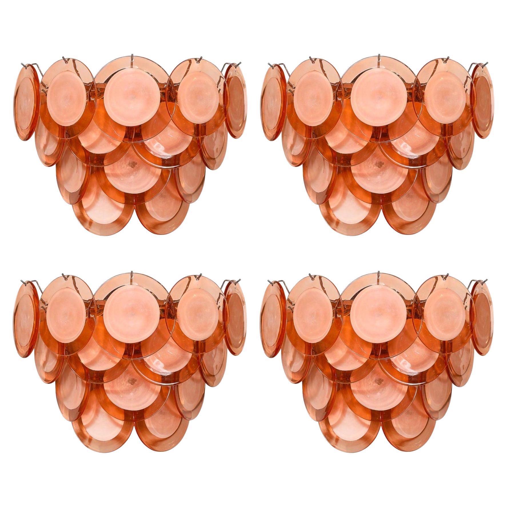 Ensemble de 4 appliques modernistes à 14 disques en verre abricot fumé de Murano soufflé à la main