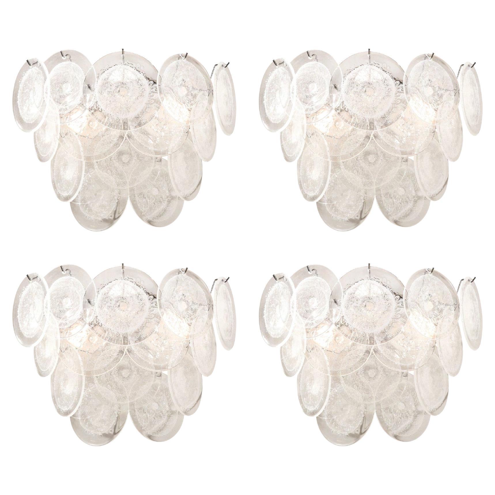 Ensemble de 4 appliques modernistes à 14 disques en verre transparent de Murano soufflé à la main