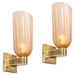 Set of 4 Modernist Brass and Hand-Blown Smoked Rose Murano Fluted Glass Sconces