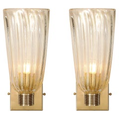Set of 4 Modernist Hand-Blown Murano Fluted Glass Sconces W/ 24kt Gold Flecks