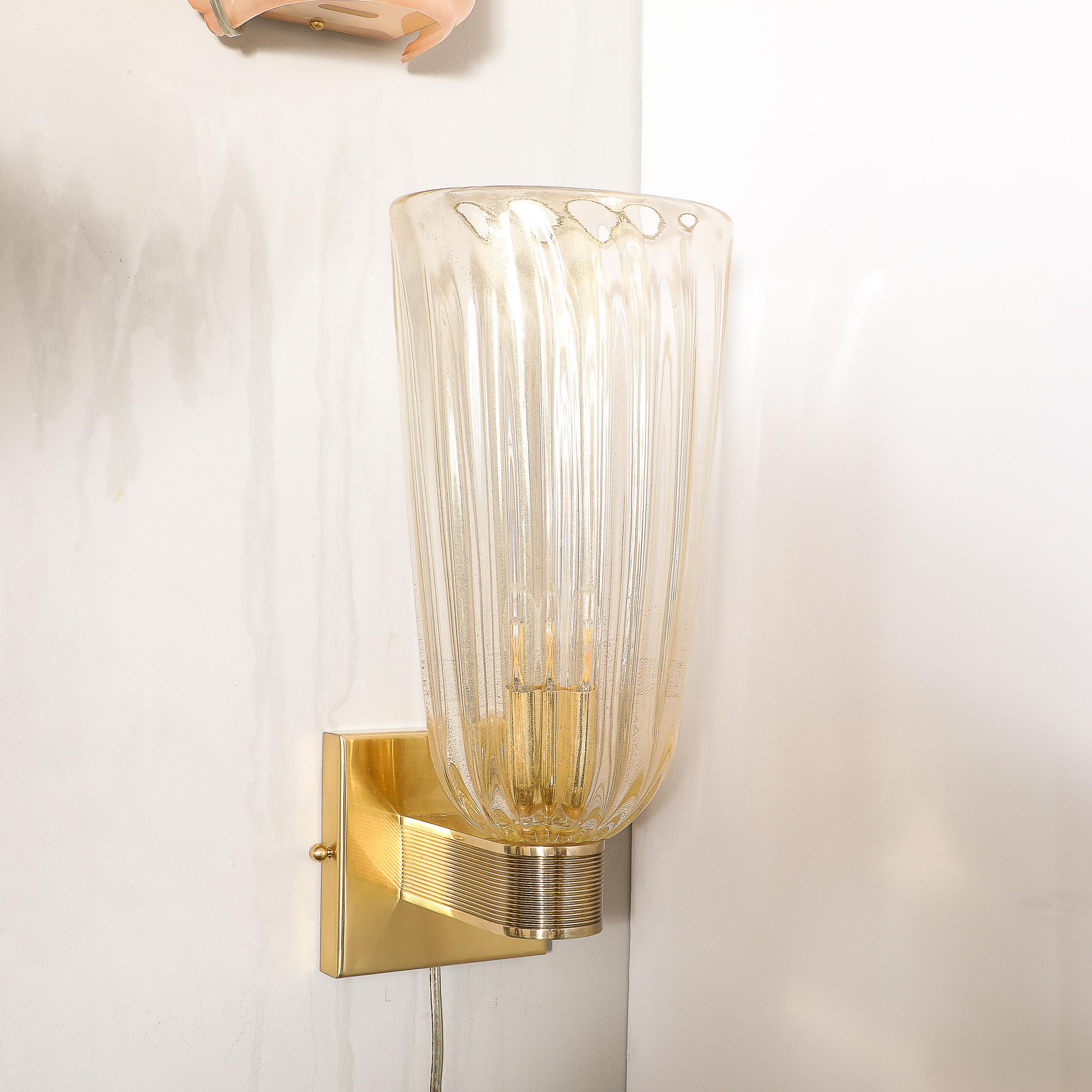 Set of 4 Modernist Hand-Blown Murano Fluted Glass Sconces W/ 24kt Gold Flecks For Sale 4