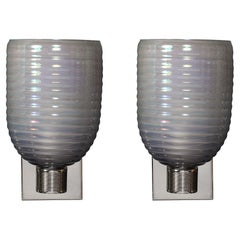 Set of 4 Modernist Hand-Blown Smoked Cerulean Hive Murano Glass & Nickel Sconces