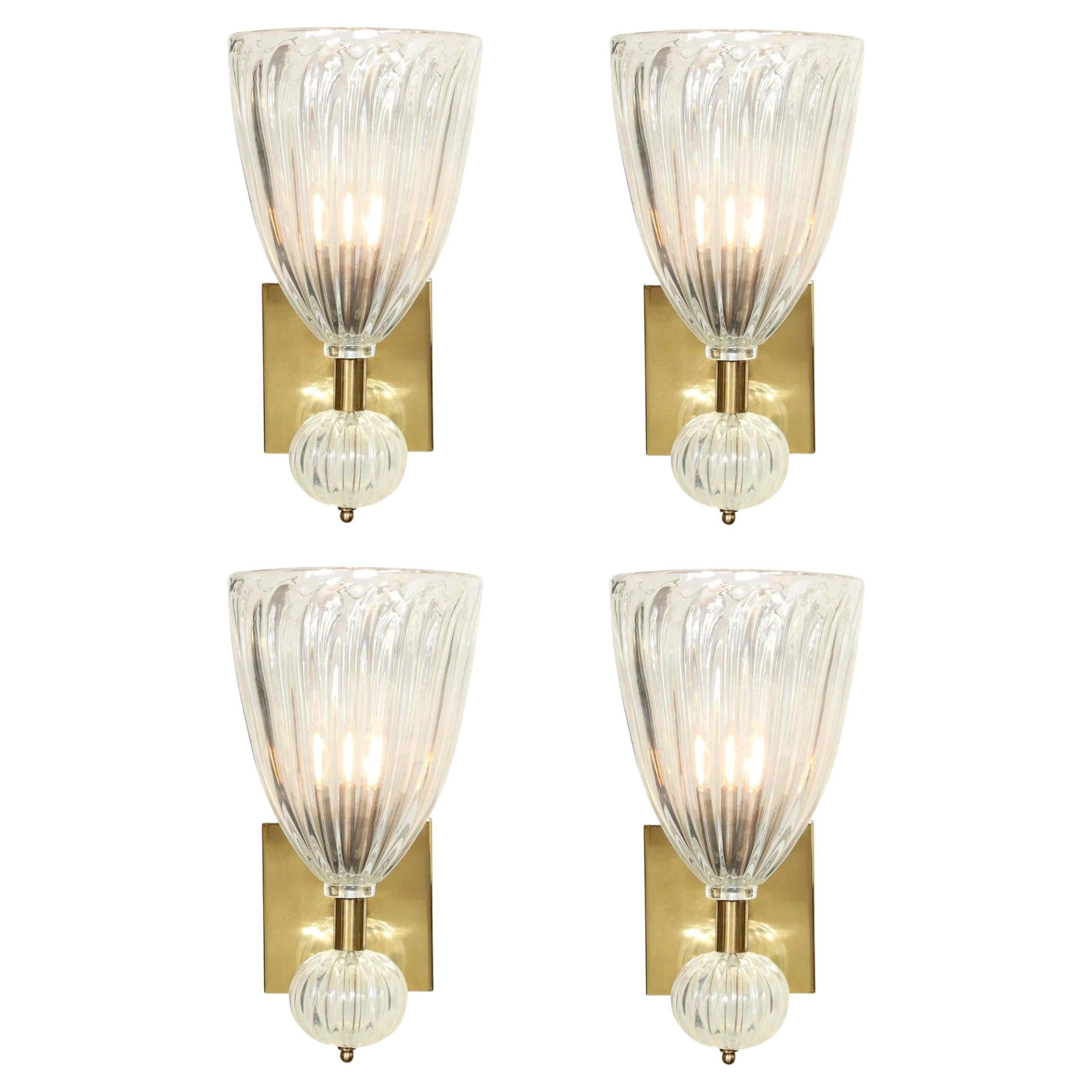 Set of 4 Modernist Handblown Iridescent Murano Glass Sconces w/ Orbital Drop For Sale