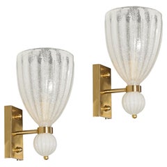 Set of 4 Modernist Handblown Murano Fluted Bullicante Glass Orbital Drop Sconces