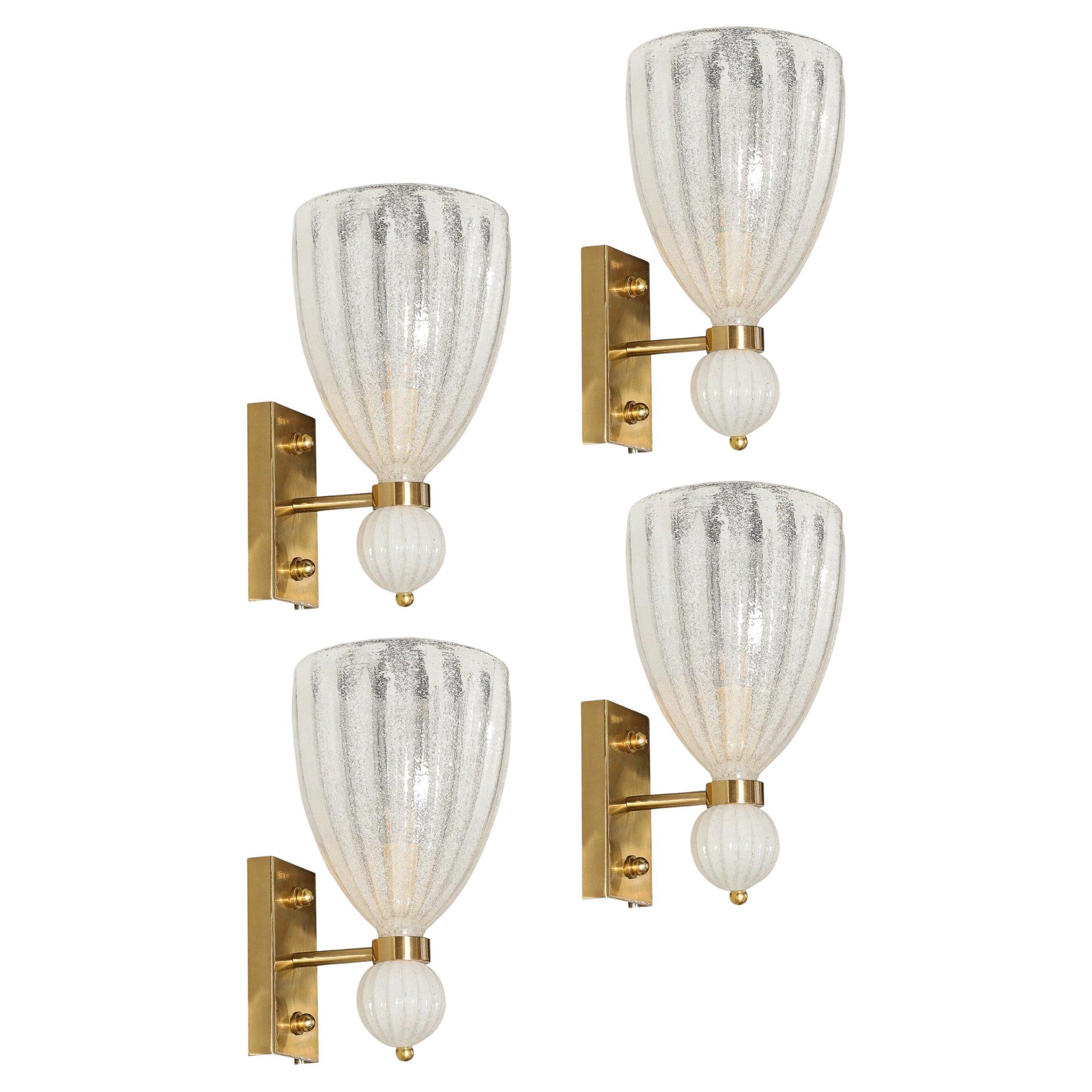 Set of 4 Modernist Handblown Murano Fluted Bullicante Glass Orbital Drop Sconces