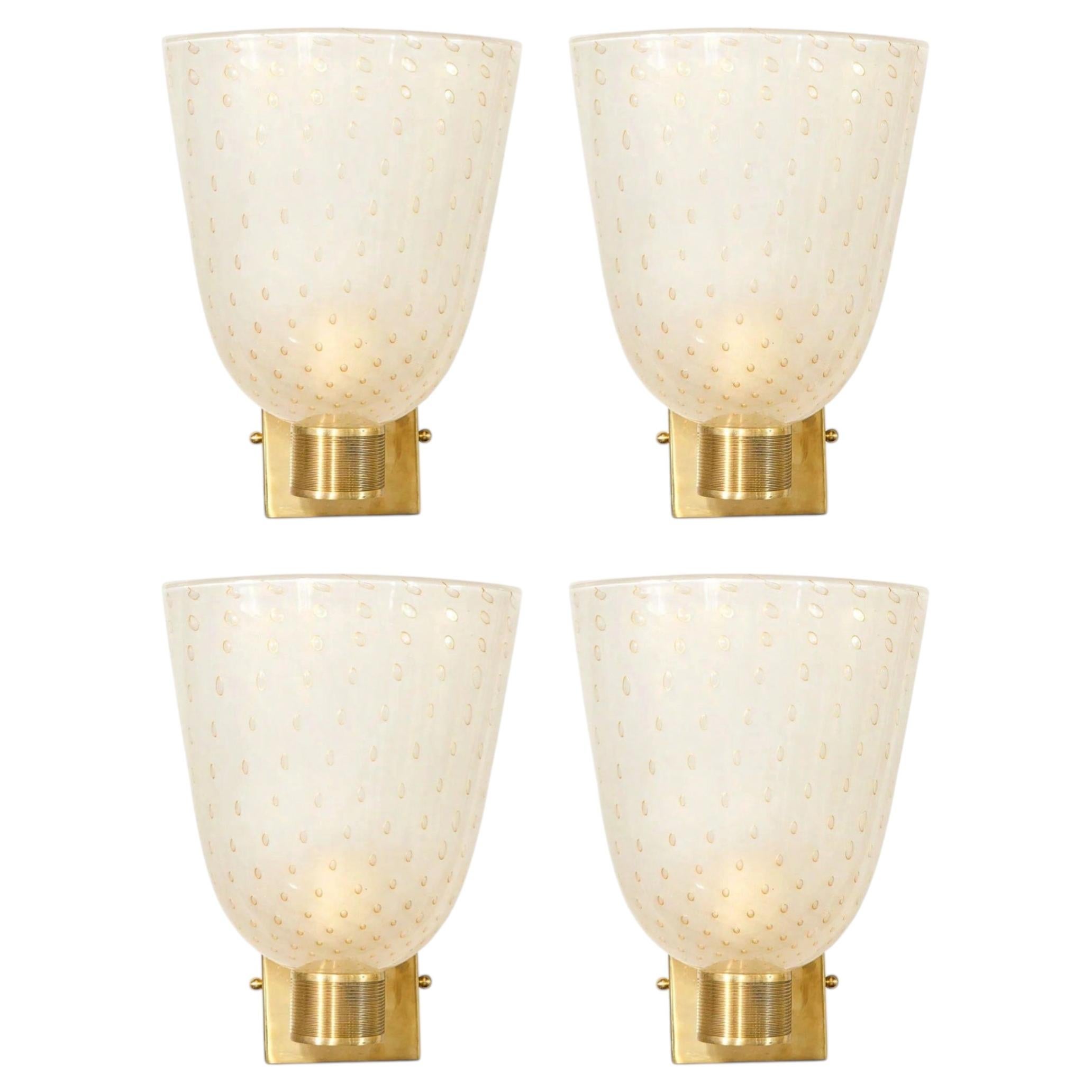 Set of 4 Modernist Handblown Murano Glass 24kt Gold Sconces w/ Reeded Brass Arms