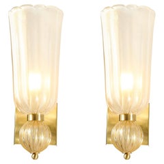Set of 4 Modernist Handblown Murano Glass Elongated Tulip Sconces w/ 24-Kt Gold