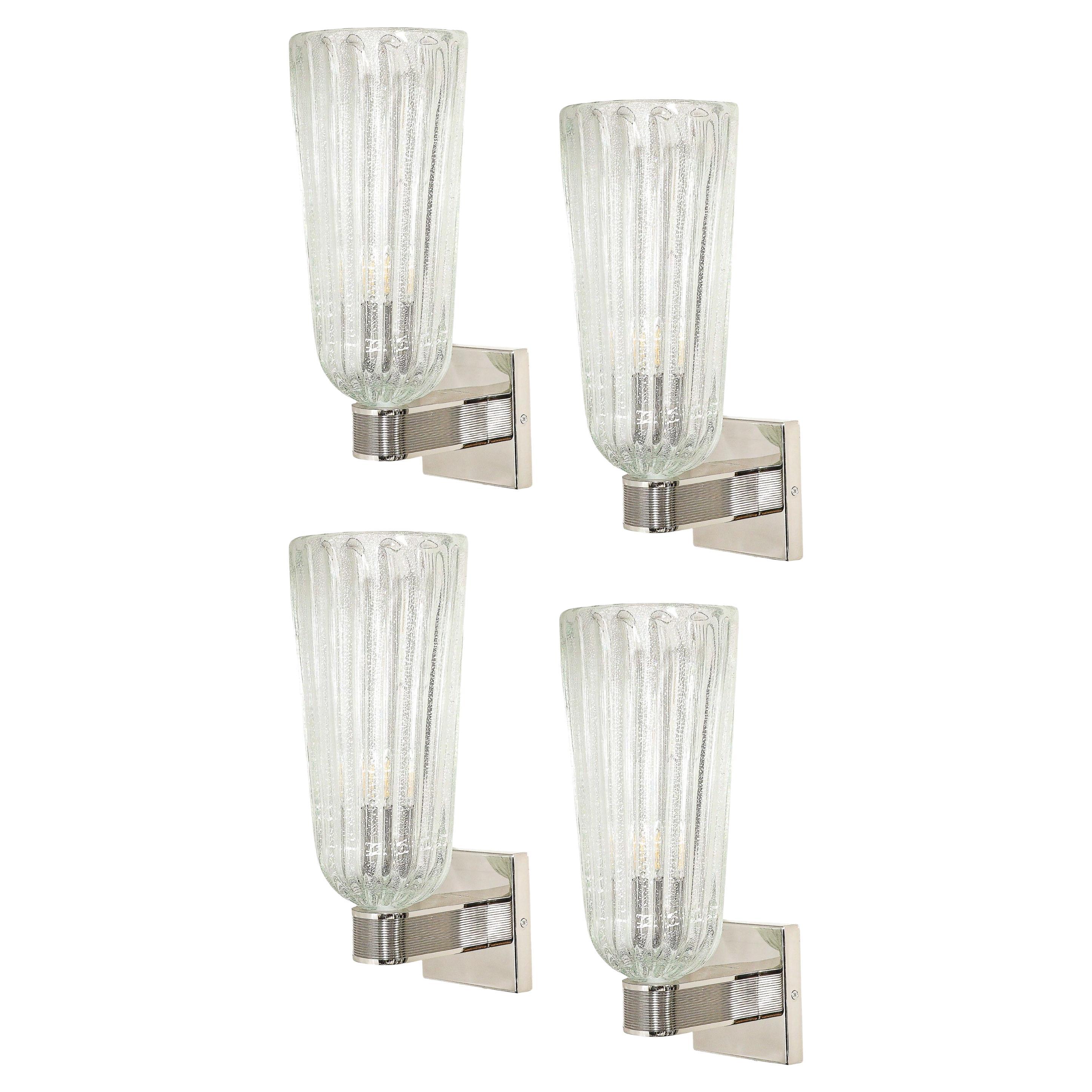 Ensemble de 4 appliques modernistes en verre de Murano soufflé à la main, en nickel et en or blanc 24 carats