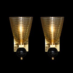 Set of 4 Modernist Handblown Murano Hive Glass Form Sconces w/ Jet Black Orbital