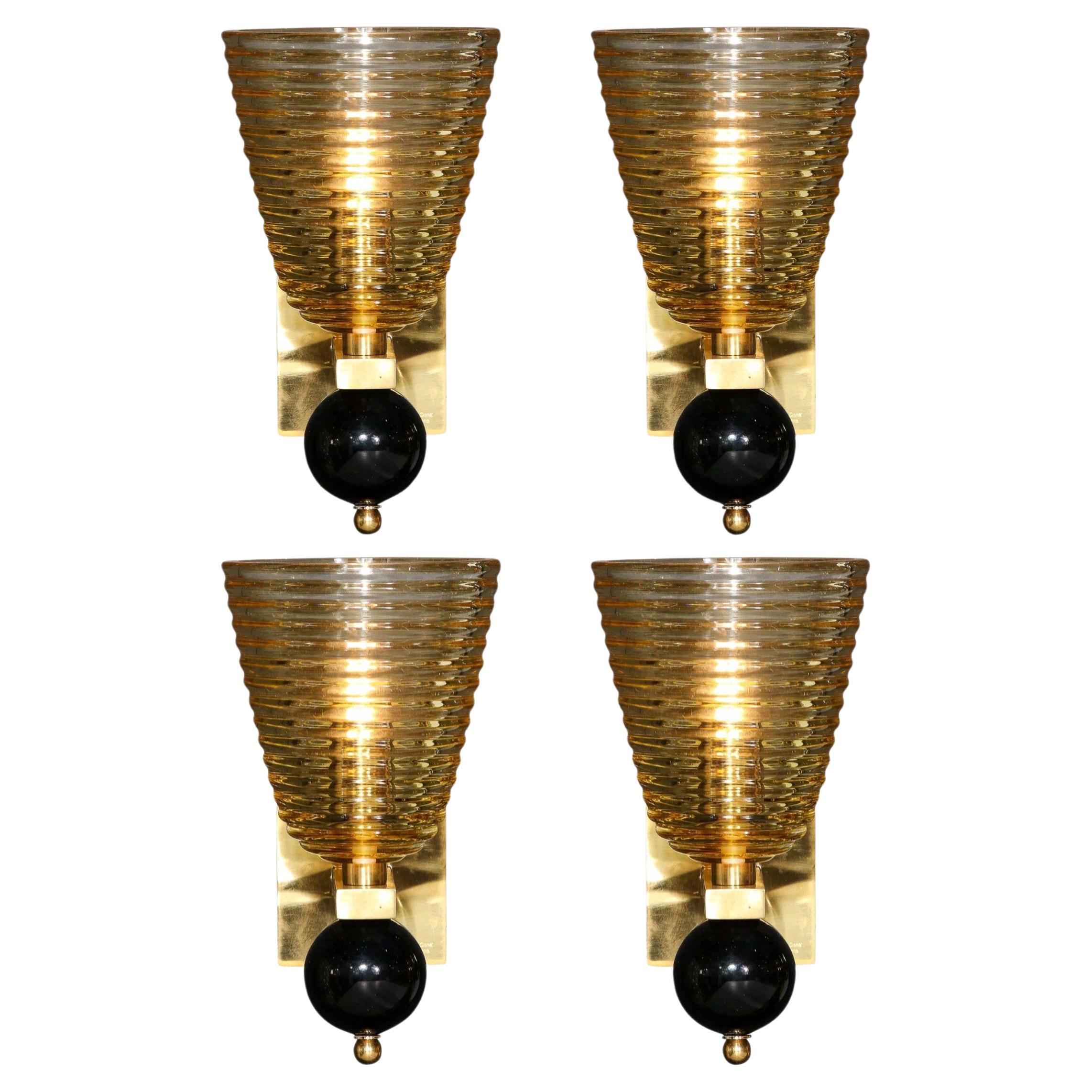 Set of 4 Modernist Handblown Murano Hive Glass Form Sconces w/ Jet Black Orbital For Sale