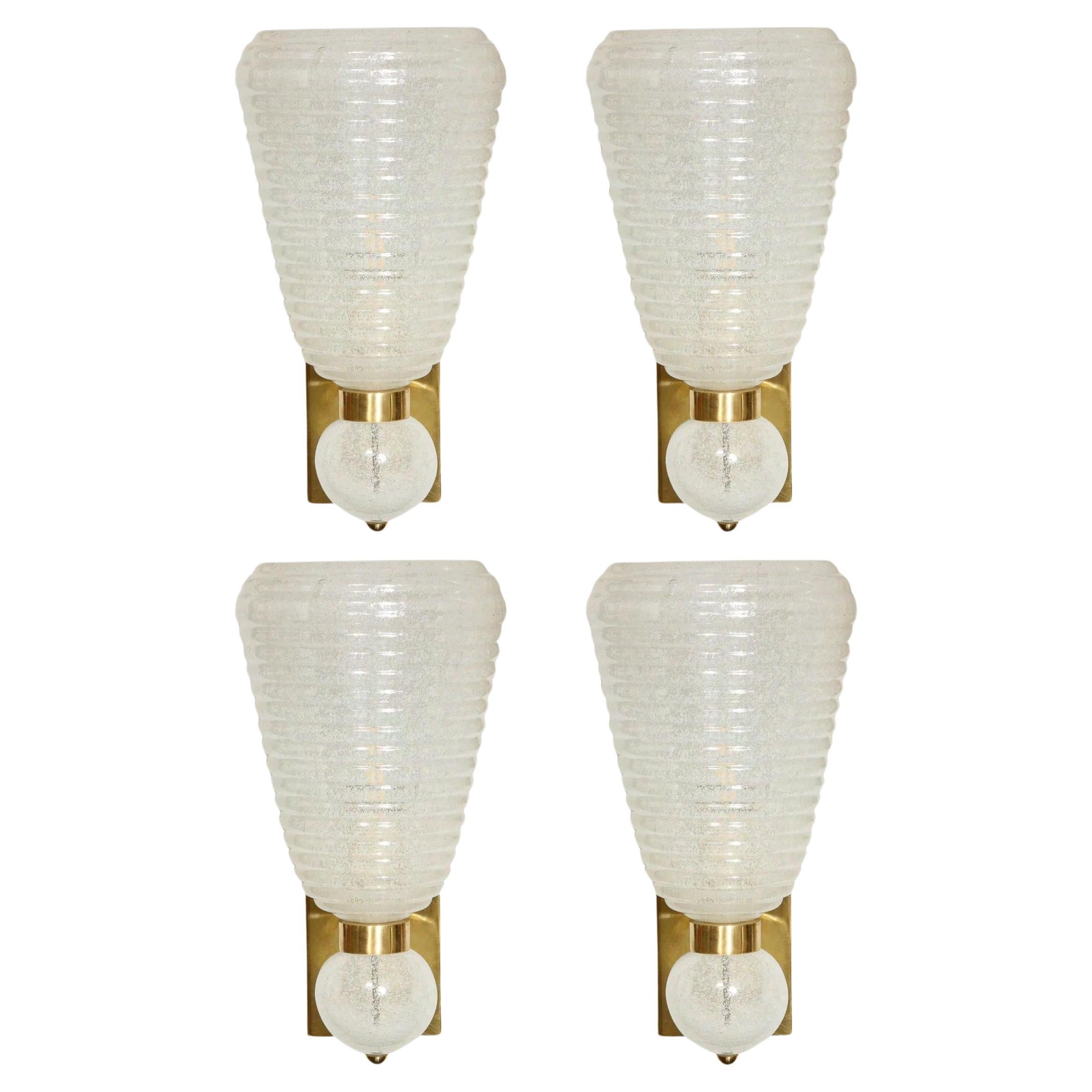 Set of 4 Modernist Handblown Ribbed Murano Sconces w/ 24 Karat White Gold Flecks For Sale