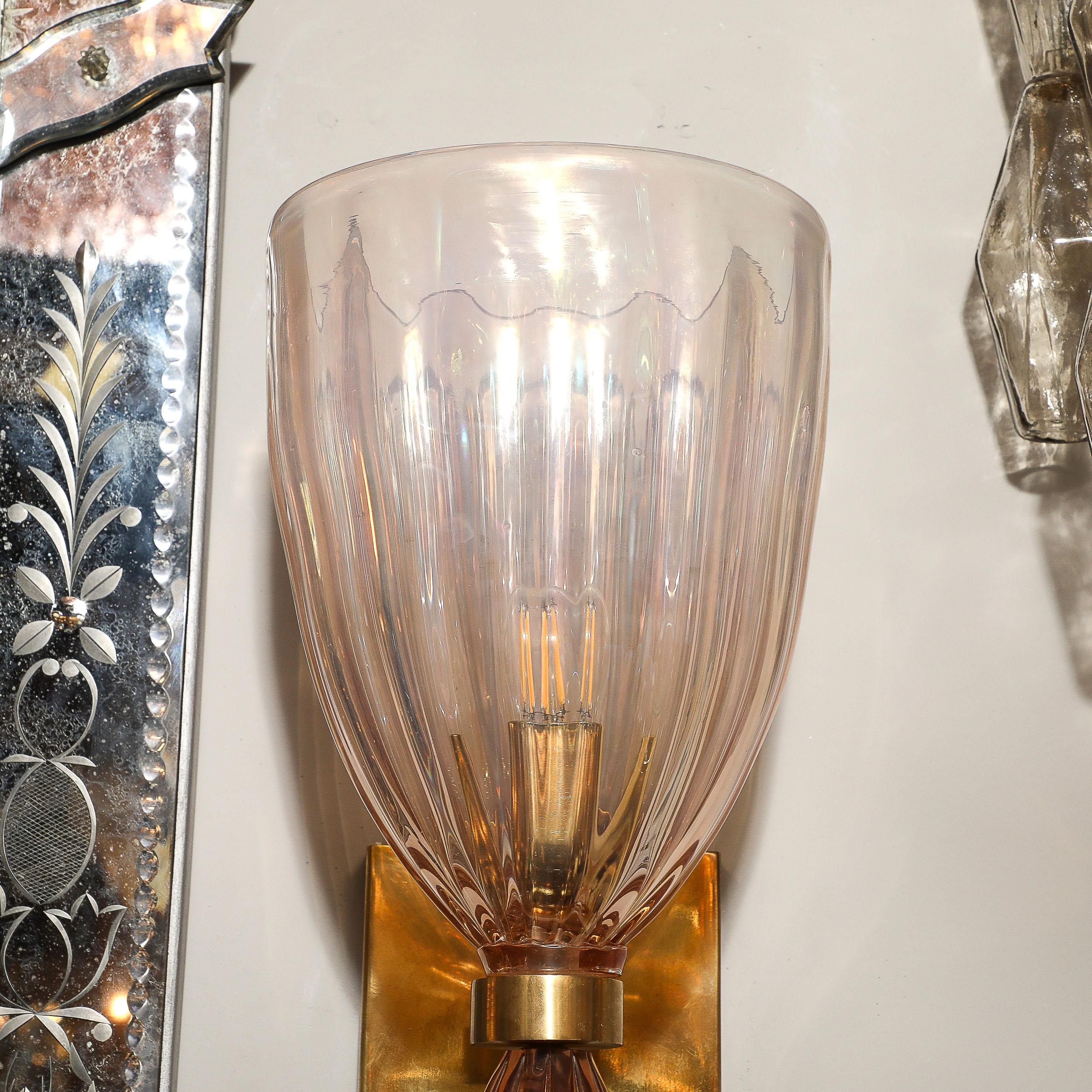 Set di 4 lampade moderniste in vetro di Murano soffiato a bocca e iridescente di colore rosa in vendita 3