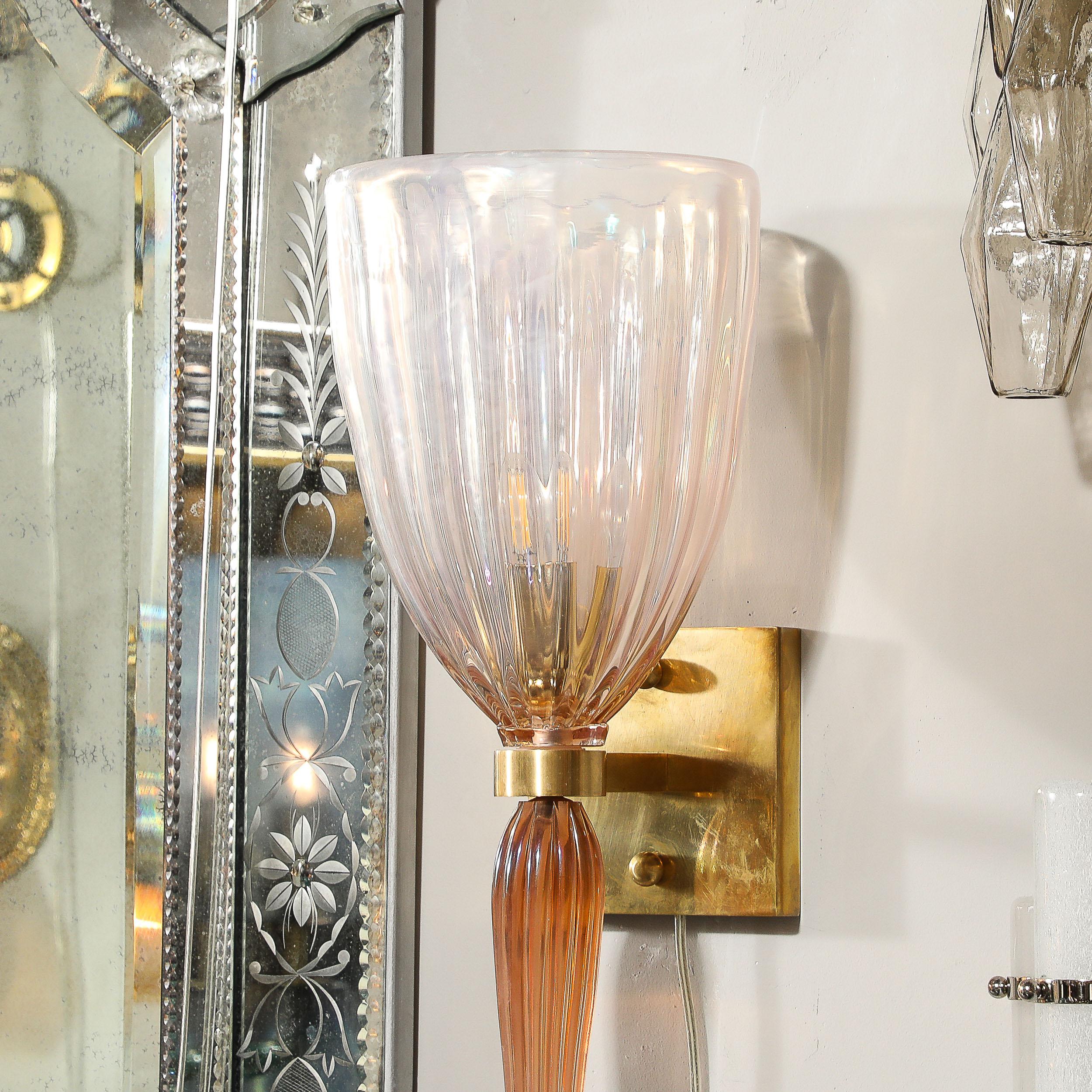 Set di 4 lampade moderniste in vetro di Murano soffiato a bocca e iridescente di colore rosa in vendita 5