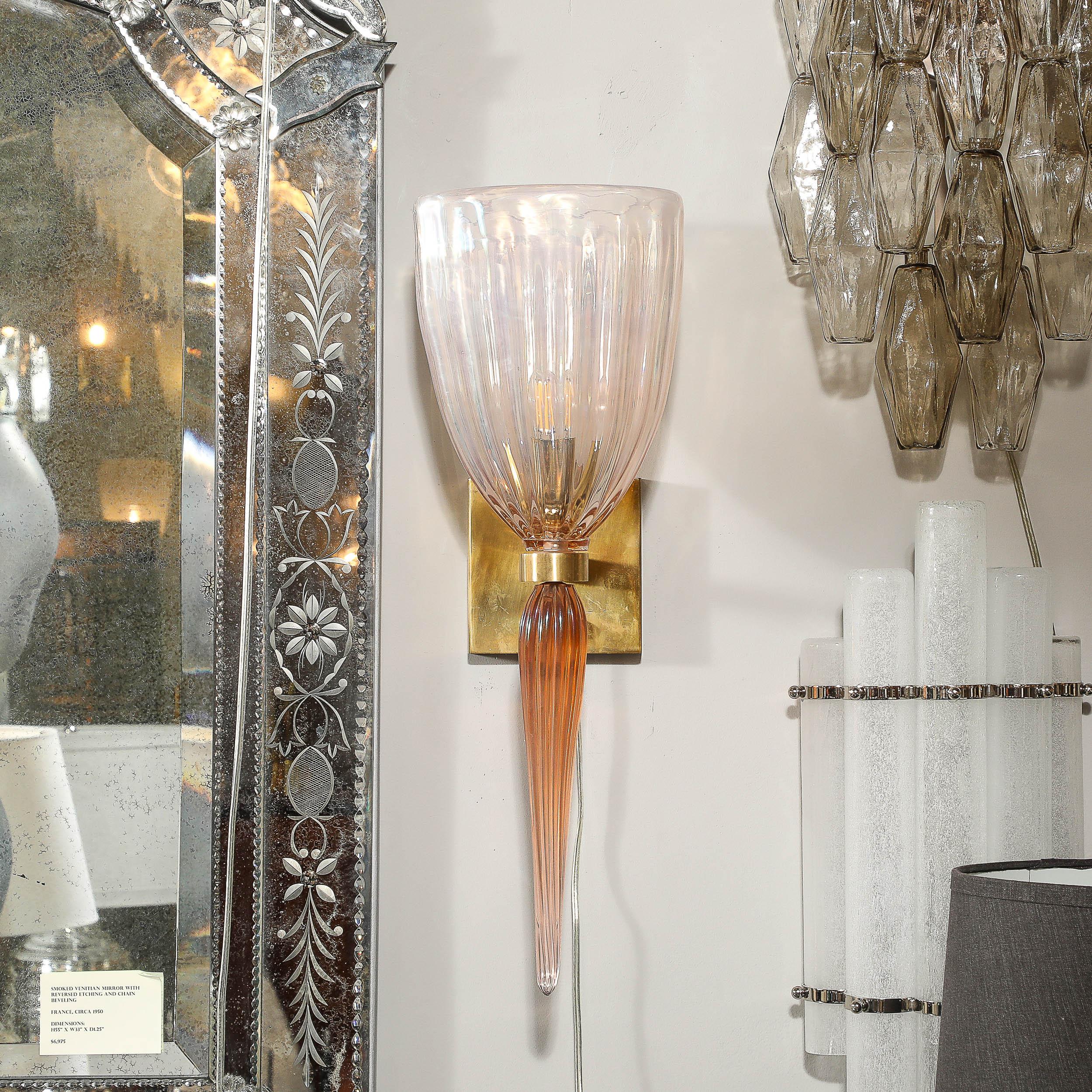 Set di 4 lampade moderniste in vetro di Murano soffiato a bocca e iridescente di colore rosa in vendita 6