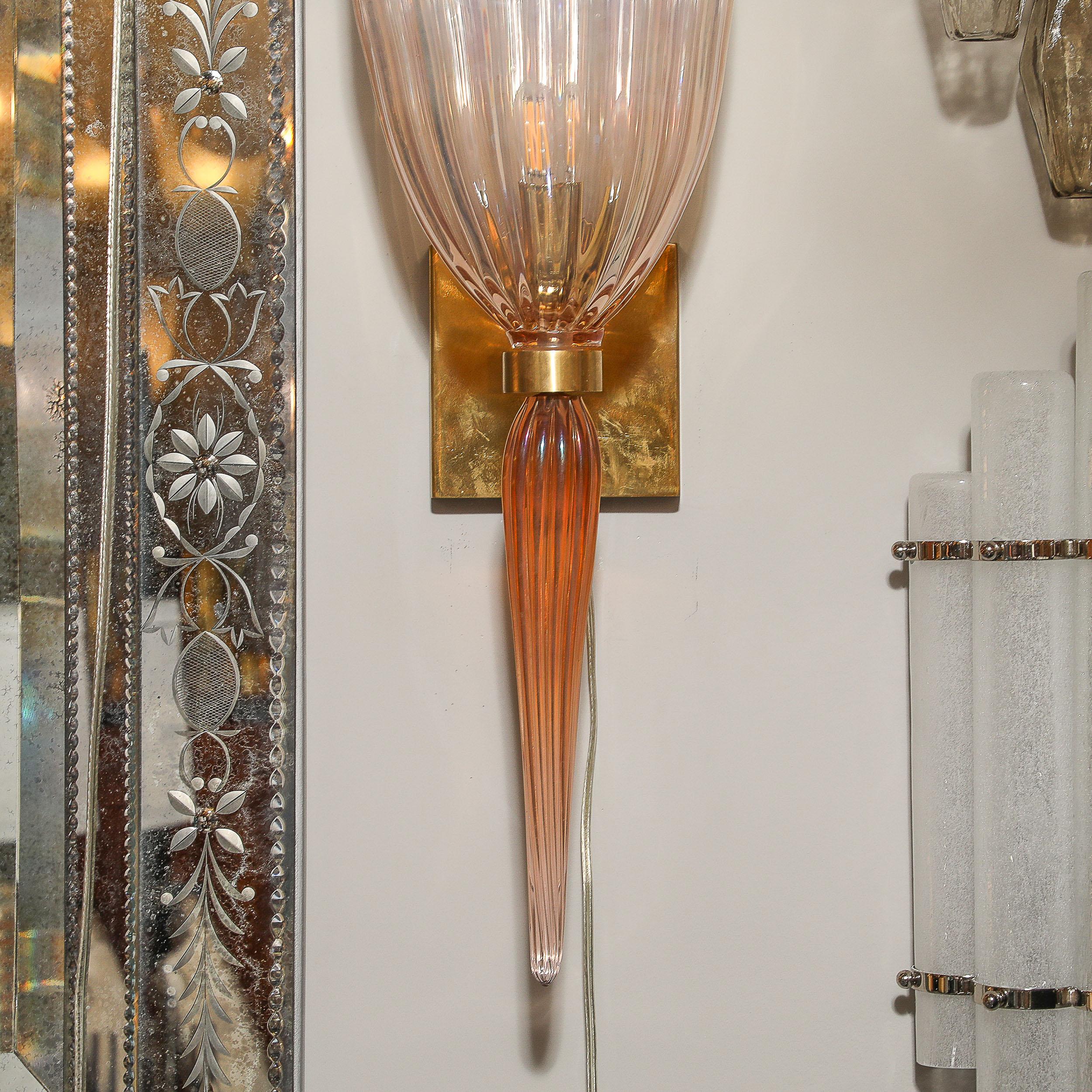 Set di 4 lampade moderniste in vetro di Murano soffiato a bocca e iridescente di colore rosa in vendita 8